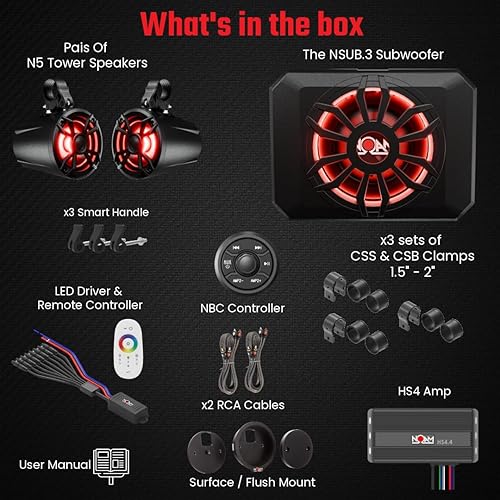 Vista 2 de NOAM NUTV5-S V.2 - Kit de sistema estéreo marino ATV/carrito de golf/UTV - con 2 altavoces de torre de luz LED impermeables, subwoofer, controlador