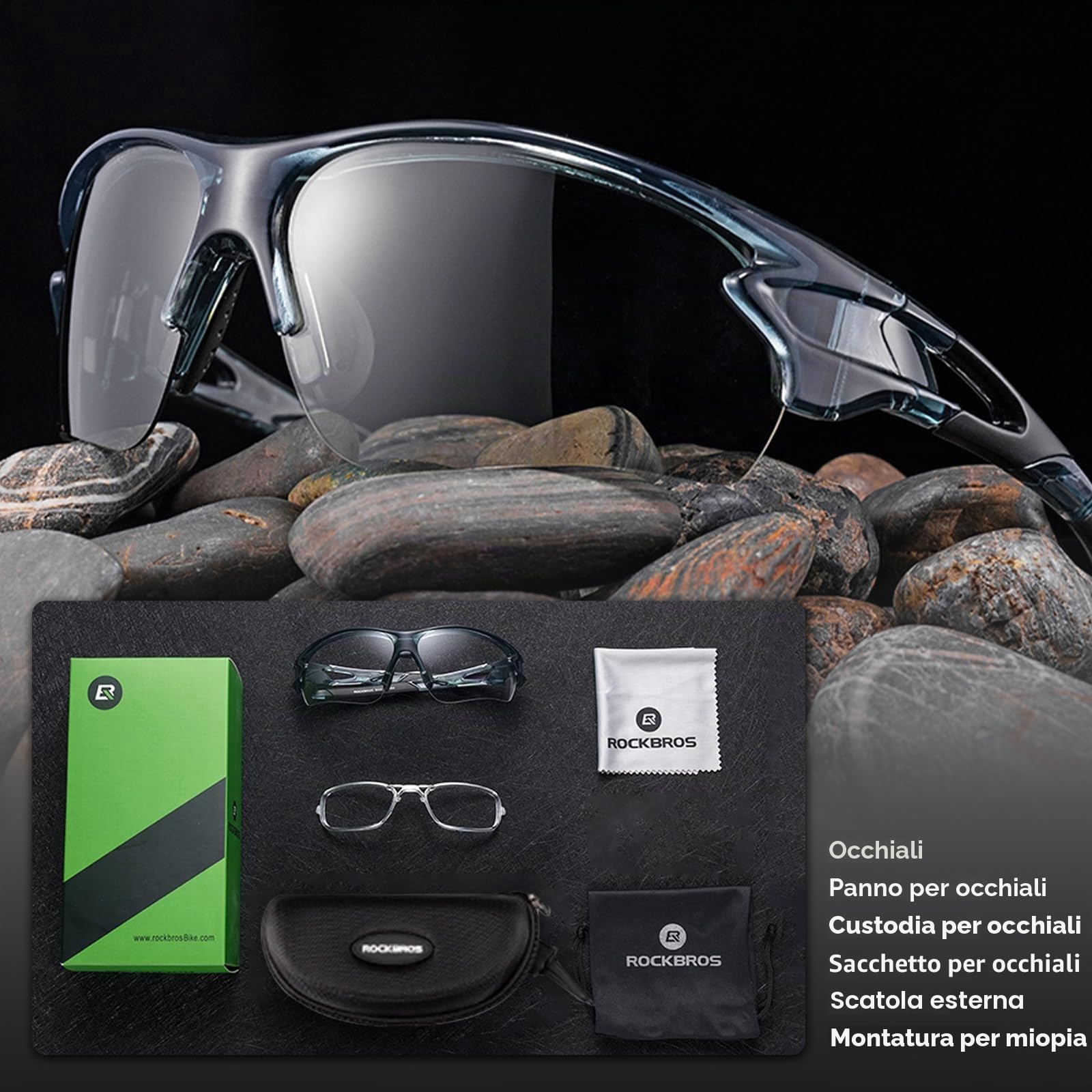 ROCKBROS Occhiali da Ciclismo Fotocromatici, Protezione UV 400, Occhiali da Sole per Bici MTB Uomo Donna, Lenti Forocromatiche, Ultraleggero, Accessori Bici