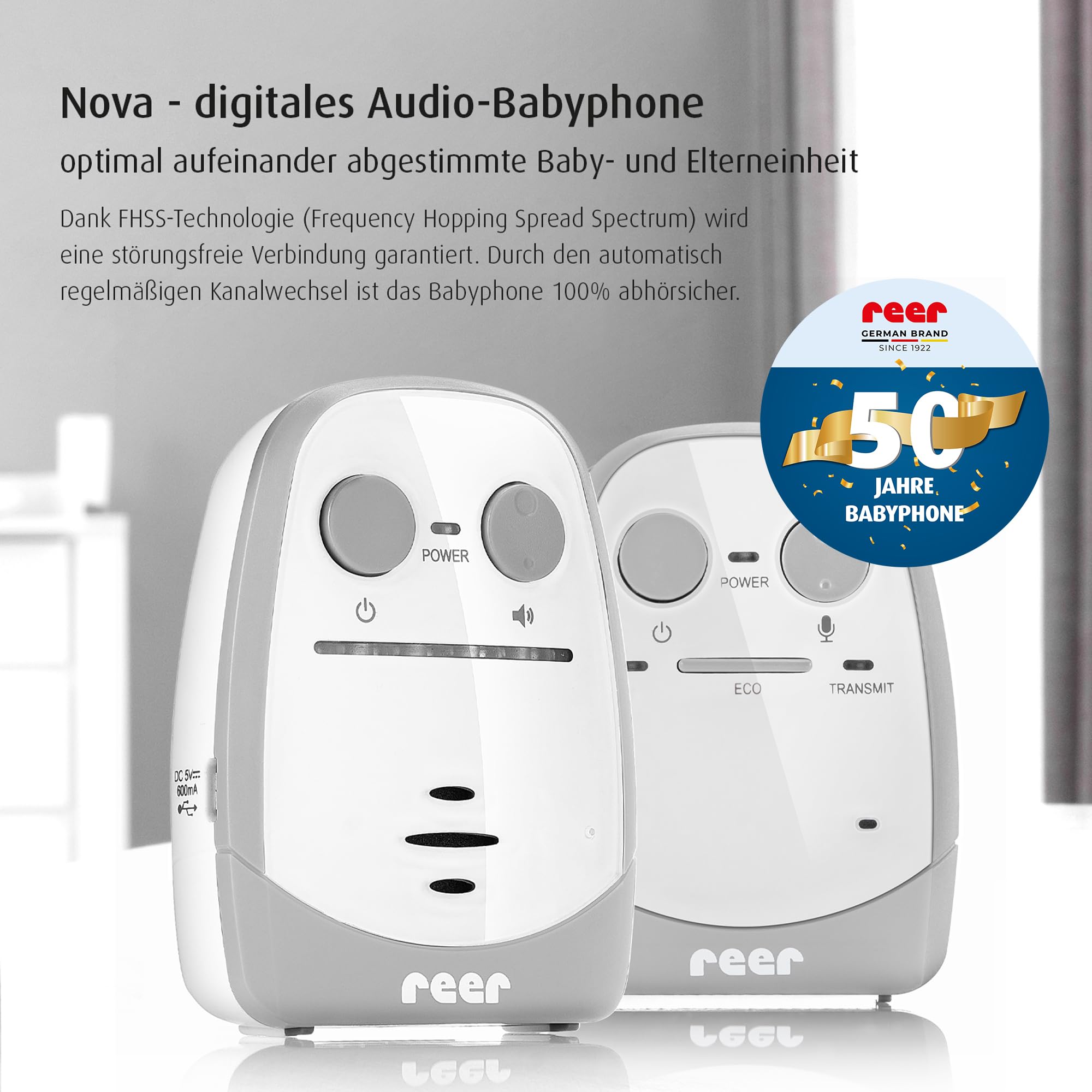 Reer Nova Babyphone vom Erfinder der Babyphone, mit Lautstärke-Regulierung und optischer Geräusch-Anzeige, 450m Reichweite 50140 weiß