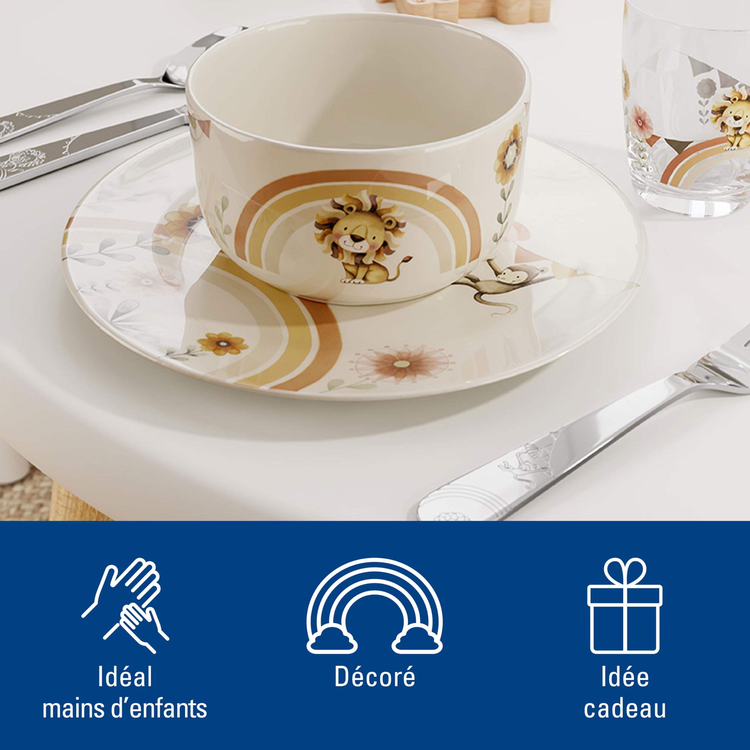 Villeroy & Boch - Boho kids Roar like a lion Ensemble de vaisselle pour enfants 3 pièces, Vaisselle en porcelaine et couverts en acier inoxydable, Lavable au lave-vaisselle, Compatible micro-ondes