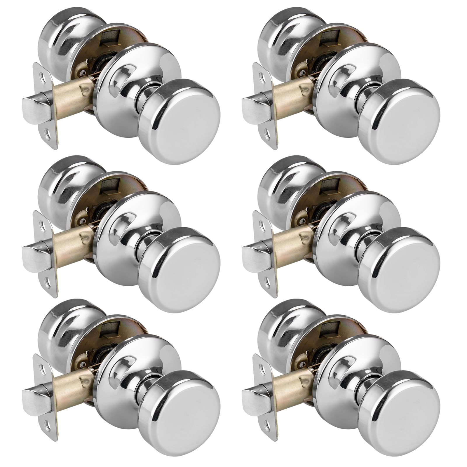 Starpy Polish Chrome Black Door Knobs, Pismo Door Knob With Lock, Privacy Door Handles Interior For Bath & Bed (Passage, Bright Chrome, 6)