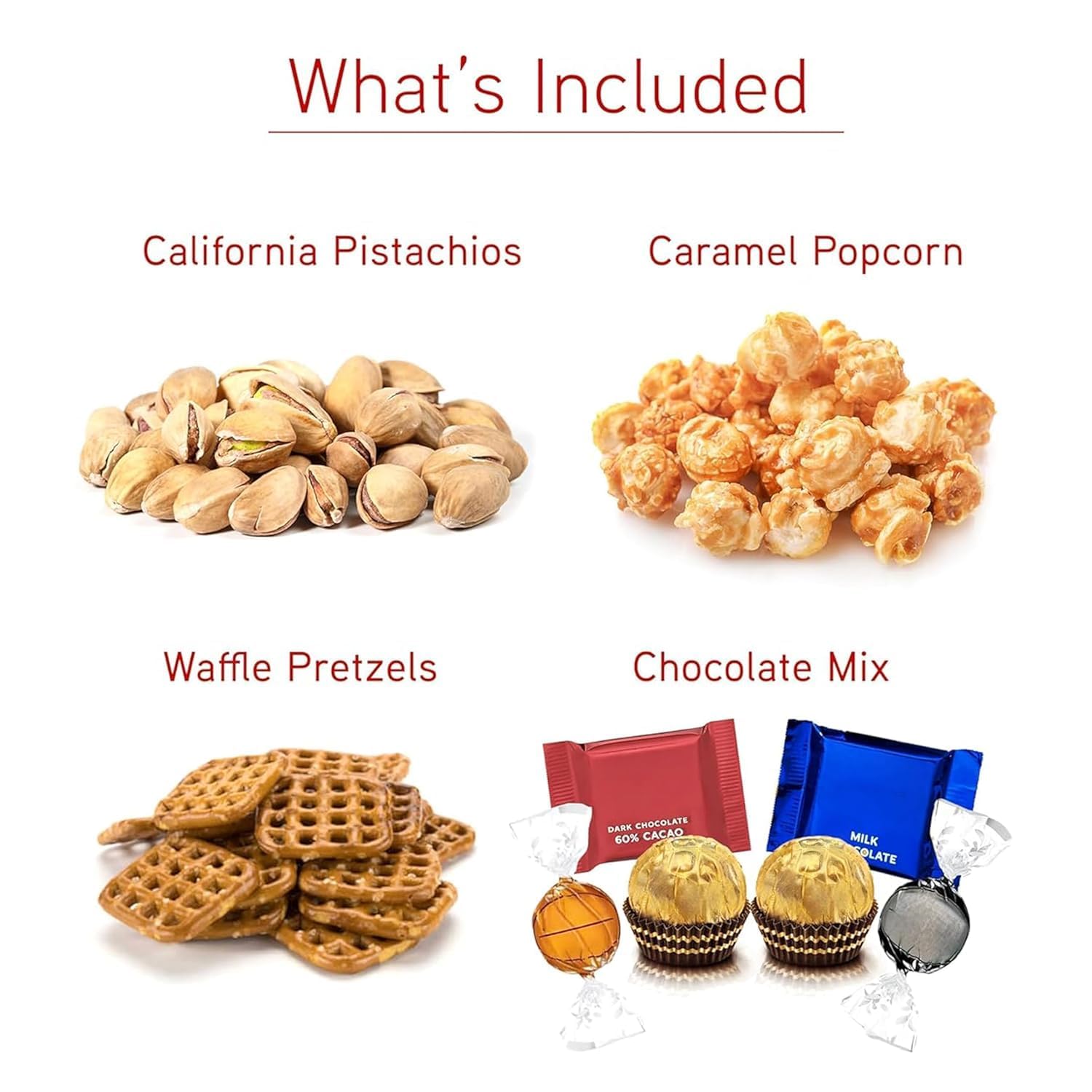 Tower Box Party Mix, Gourmet Gift Tower Basket, Gift Basket, Waffle Pretzels, Salted Pistachios, Caramel Corn, Famous Chocolate Variety for Birthday, Party, Mother's Day