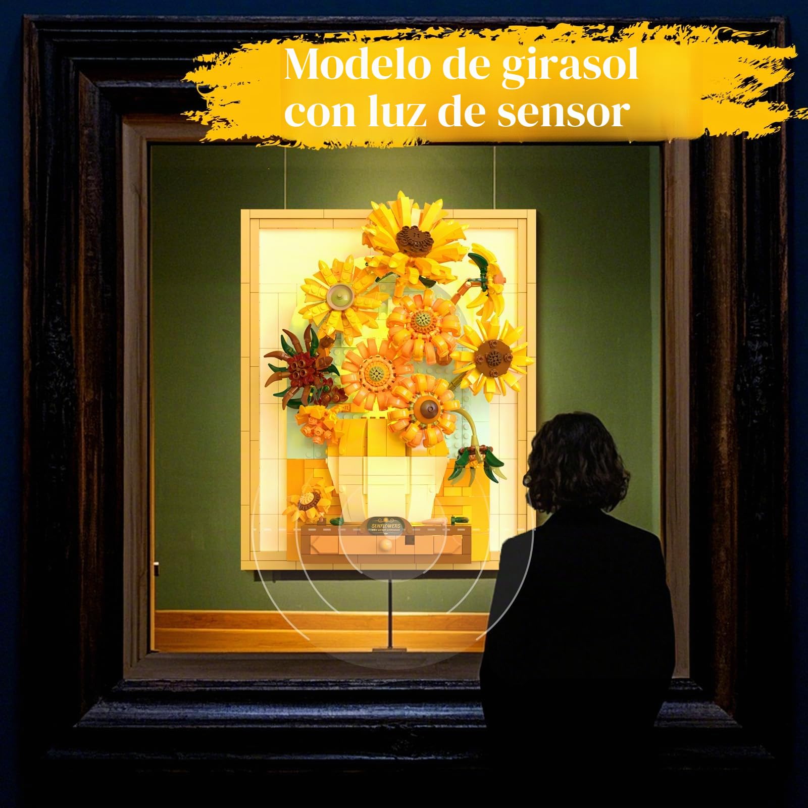 Conjuntos de bloques de construcción Brihappen, juguetes de construcción de pintura de girasoles de Van Gogh con luz sensora, 1166 piezas de arte mural 3D enmarcado para adultos, kit de modelo DIY