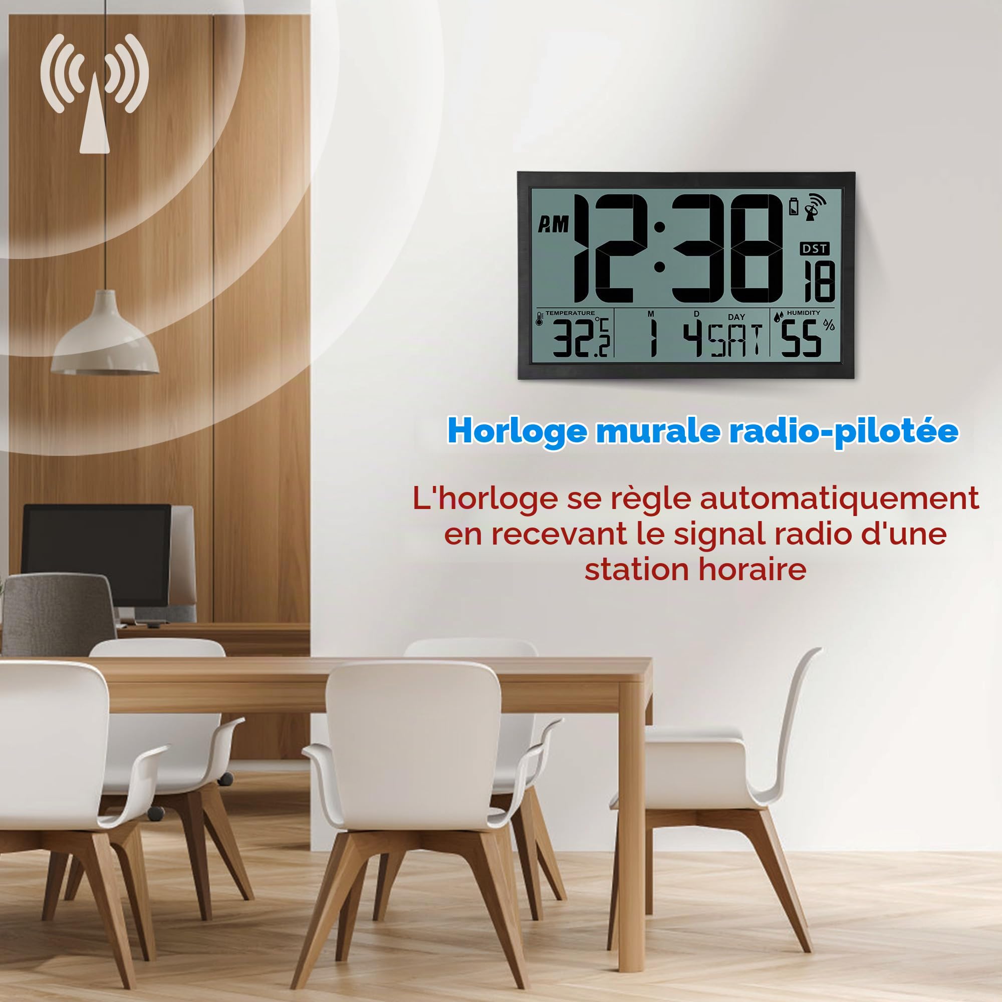 Sukeen Radio-réveil Mural, Horloge Murale numérique Grande Radio, Horloge numérique 16,7" fonctionnant sur Batterie, Radio-réveil avec température, humidité, pour la Maison, la Cuisine, Le Bureau