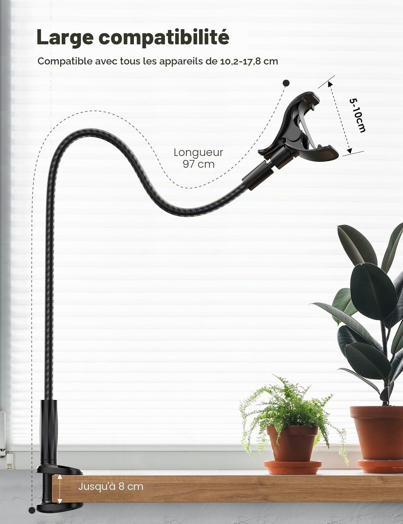 Lamicall Support Téléphone avec Col de Cygne, [Nouveau Tissé en Nylon] 97cm Bras Flexible, Pince Réglable à 360°, Support Téléphone Lit pour iPhone 17/16/15/14/13/12 Pro Max, Autres Smartphones 4-7”