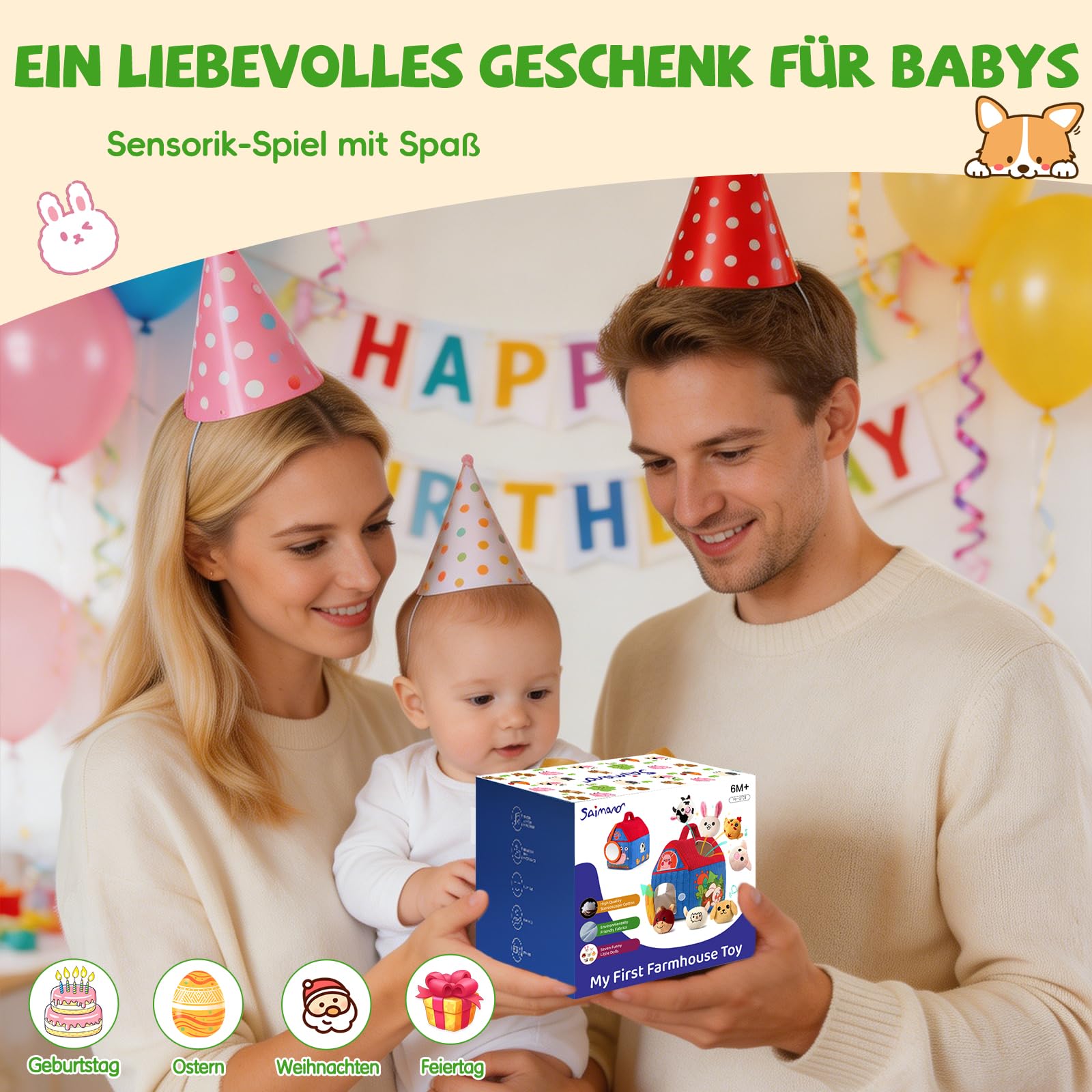 SAIMAND Baby Spielzeug 6-12 Monate – Überraschungs-Scheune mit Plüsch-Bauernhoftieren, Rassel & Spiegel, Montessori Sensorik Lernspielzeug für Kinder 1 2 3 Jahre, Geschenk zu Weihnachten & Geburtstag