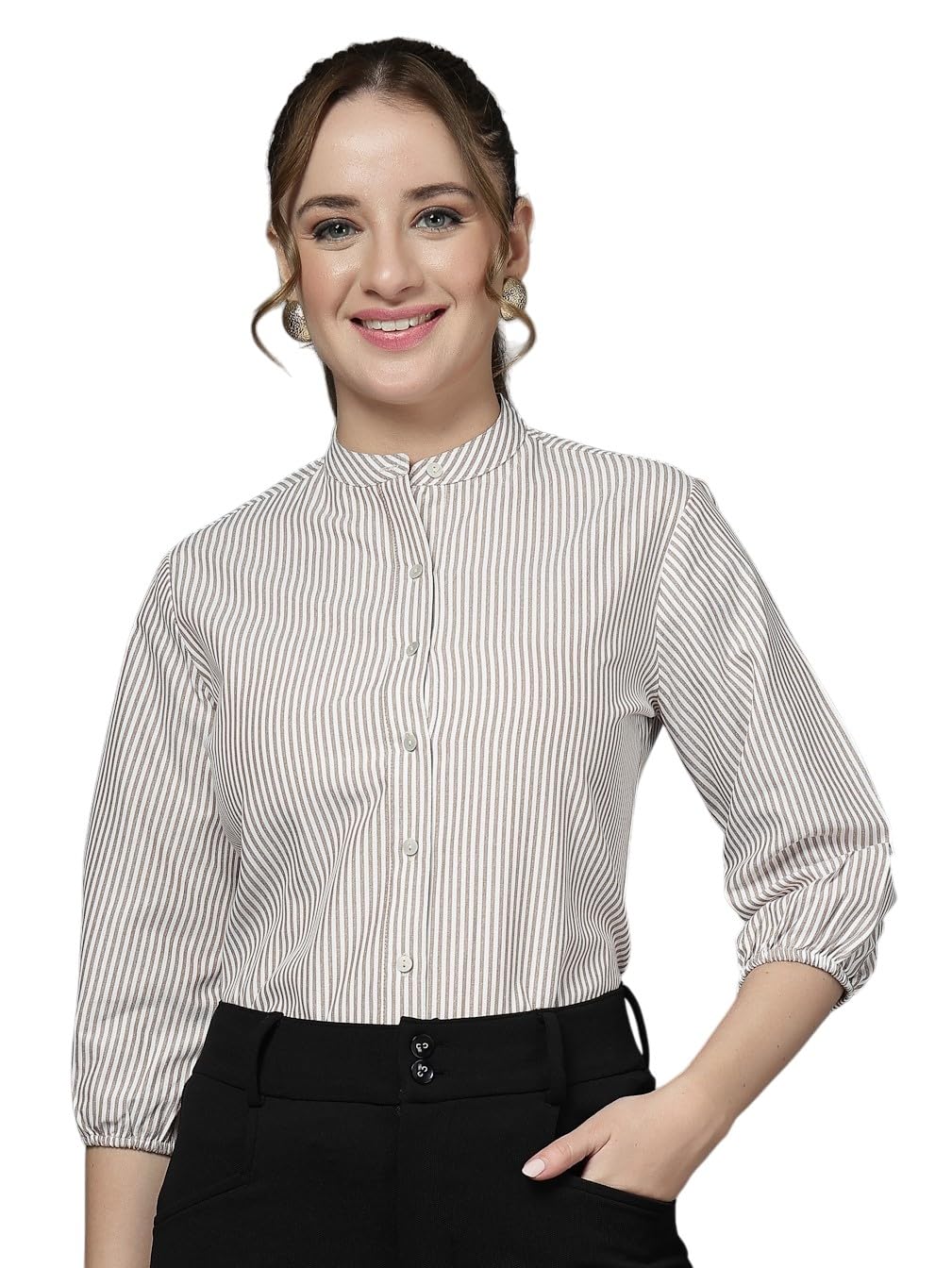 Women Peach and White Stripe Formal Shirt-image-35