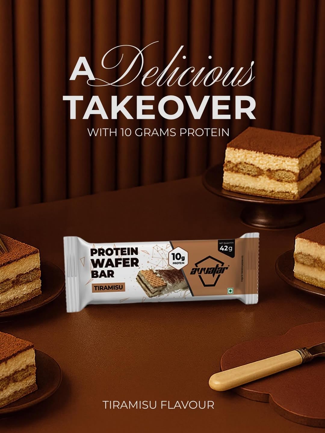 avvatar PROTEIN WAFER BAR | 10g Protein | Pack of (8 x 40g each) | Tiramisu Flavour | 2g Fiber | No Added Sugar | No Preservatives (Pack of 8, Tiramisu) 1