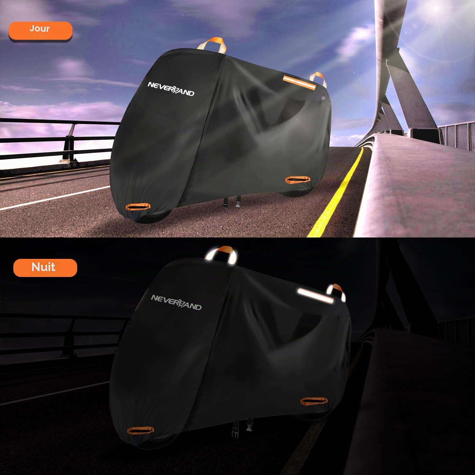 NEVERLAND Bâche Moto Imperméable, Oxford 210D Housse Moto, 295x110x140cm | Bache Moto Exterieur Etanche avec Bandes Réfléchissantes, Protection pluie, UV, poussière pour Moto et Scooter
