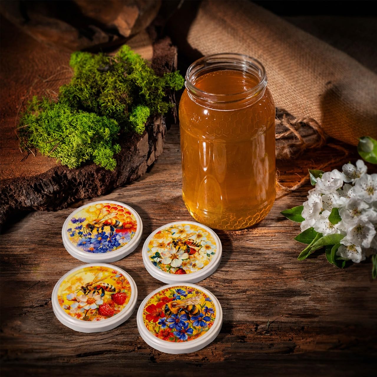 KADAX Tarros de miel de 900 ml, con tapa de rosca fi82 mm, tarros para miel, tarros de mermelada, tarros de rosca (abeja colorida, 48 unidades)
