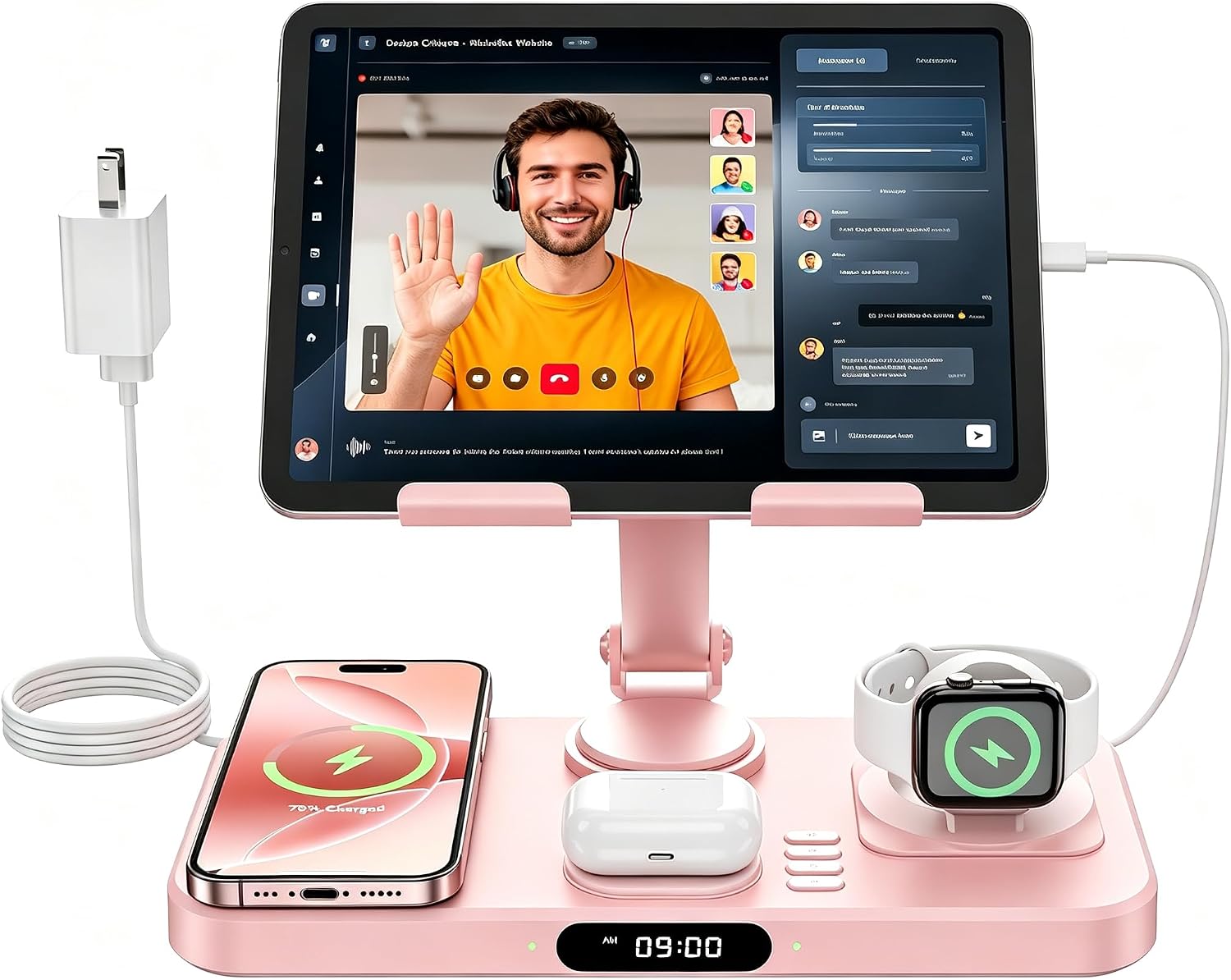 6 in 1 Wireless Charger for Apple Multiple Devices, Charging Station with Clock &7 Color Ambient Light, Foldable Rotate Stand for iPad, for iPhone17/16/15, Support for Apple Watch11/10 For AirPods4