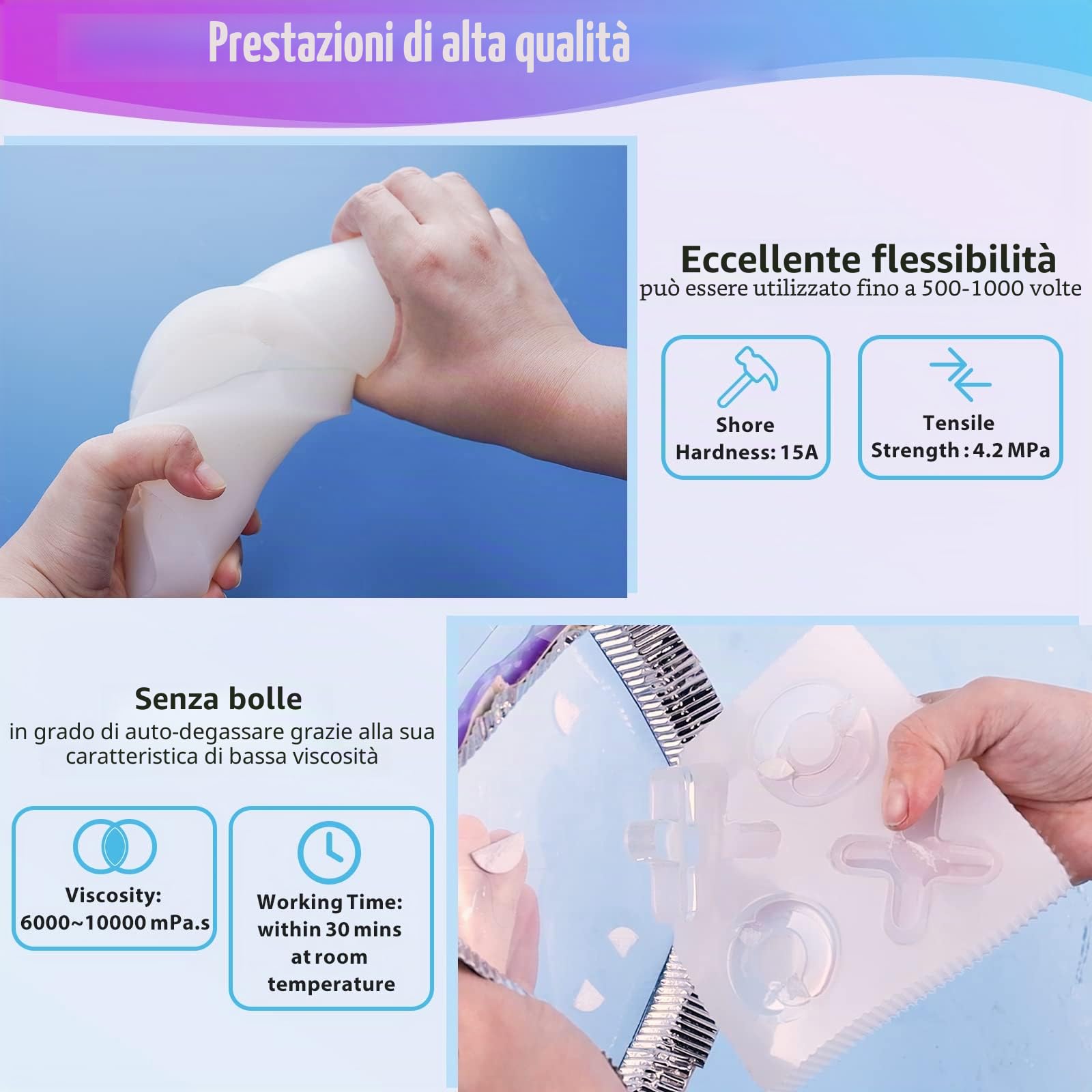 LET'S - Kit di stampi in silicone trasparente in gomma siliconica atossica per liquidi, rapporto di miscelazione 1:1 – ideale per stampi in resina, stampi in silicone fai da te e manuali
