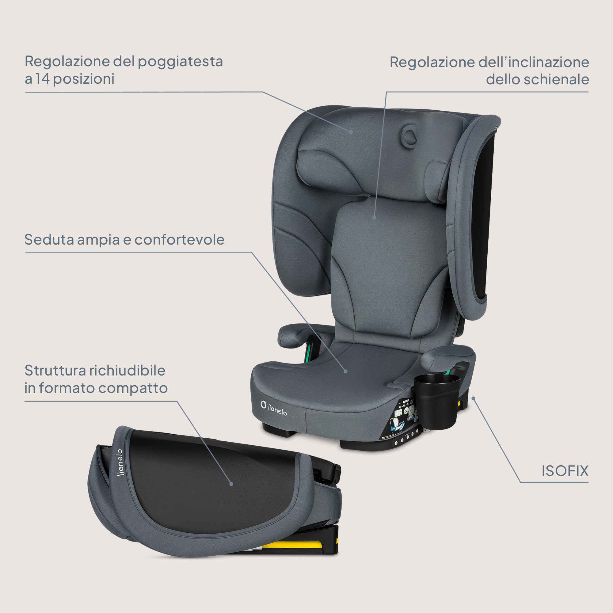 Lionelo Seggiolino Auto Pieghevole ORIN I-SIZE con ISOFIX per bambini 3,5-12 Anni, Reclinabile 4 Posizioni, Poggiatesta 14 Posizioni, Sfoderabile Lavabile, Borsa e Portabicchiere, i-Size 100-150 cm