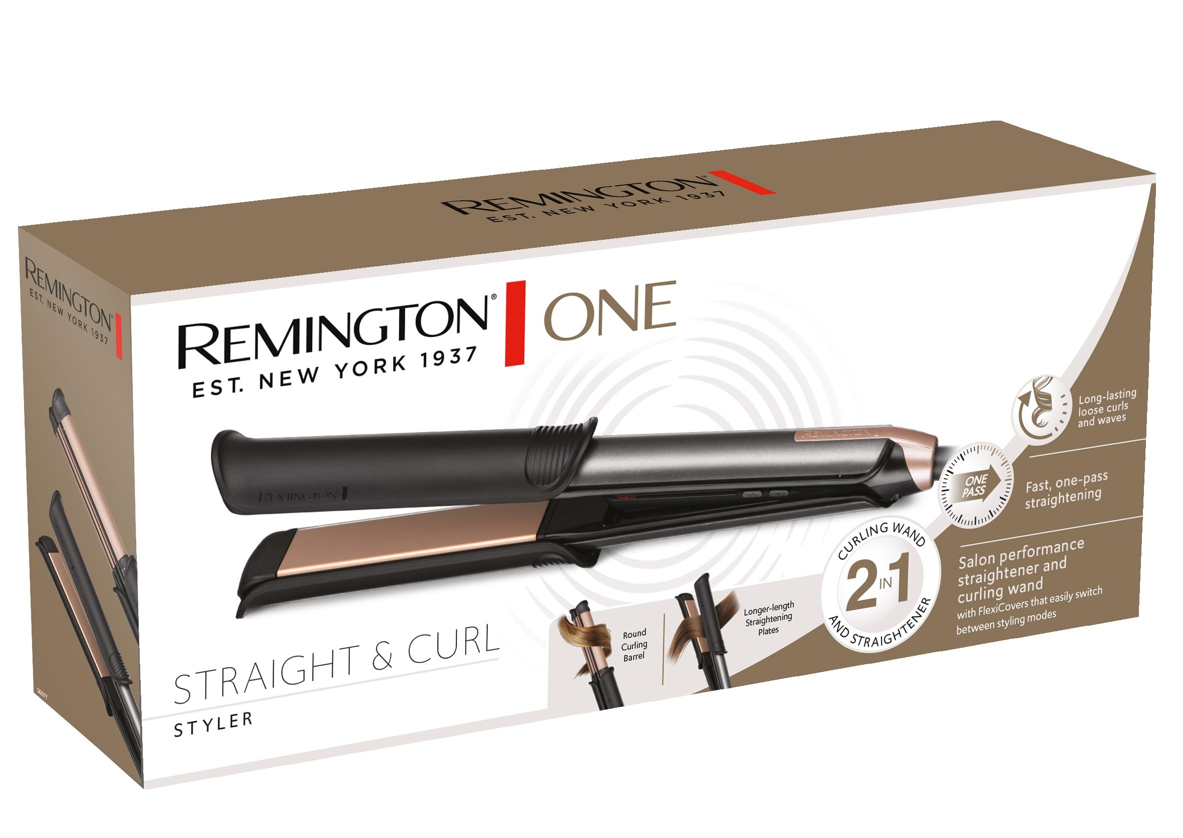 Remington Plancha de pelo y rizador Profesional ONE, 2 en 1, Cerámica y Turmalina Antiestática, placa alisadora de 110 mm, barril rizador de 32 mm, digital, hasta 230ºC, S6077