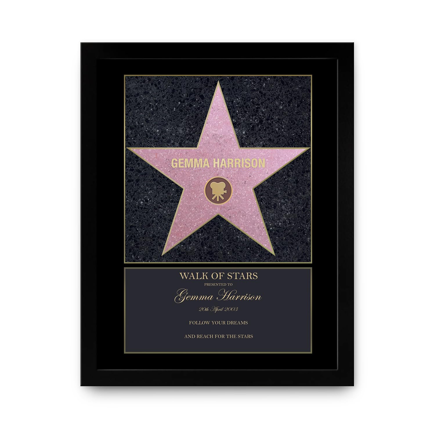 Make It Personal You Give It, They Personalize It! Black Personalised Walk Of Stars Print ( Frame), Birthday Gifts, Hollywood, Walk Of Fame