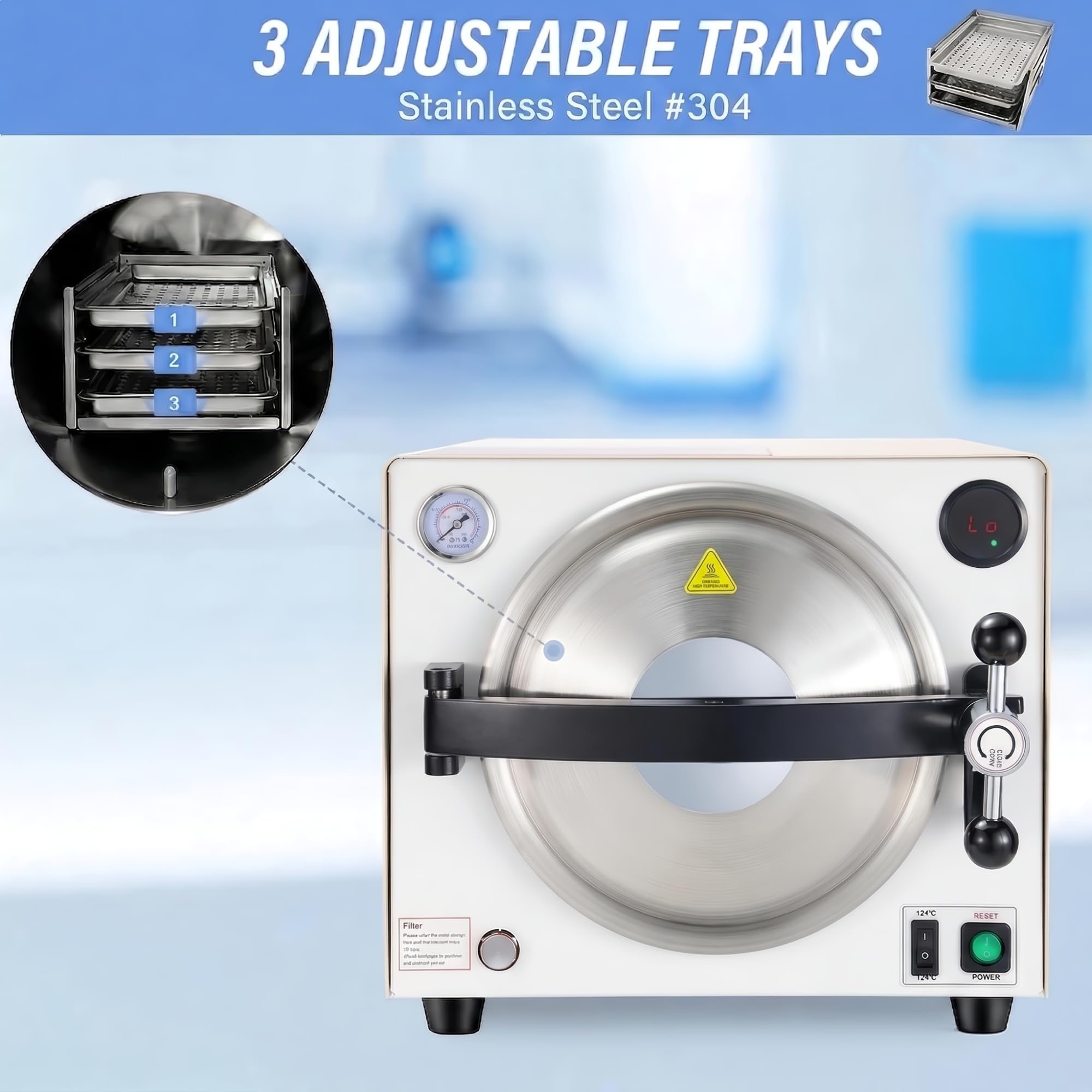 Autoclave de 18 litros, autoclave de vapor, autoclaves de laboratorio dental de 1000 W con manguera de drenaje y 3 bandejas