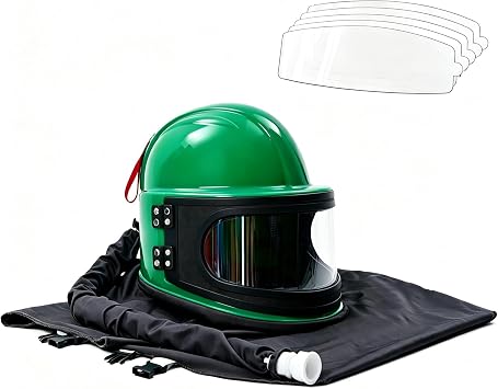 Professional Green Sandblasting Hood 5 Replaceable Lenses, Dustproof Sandblaster Helmet, Fits Protective Suits Ideal for Sandblasting, Spraying, Grinding, Cutting, DIY Painting, Wood