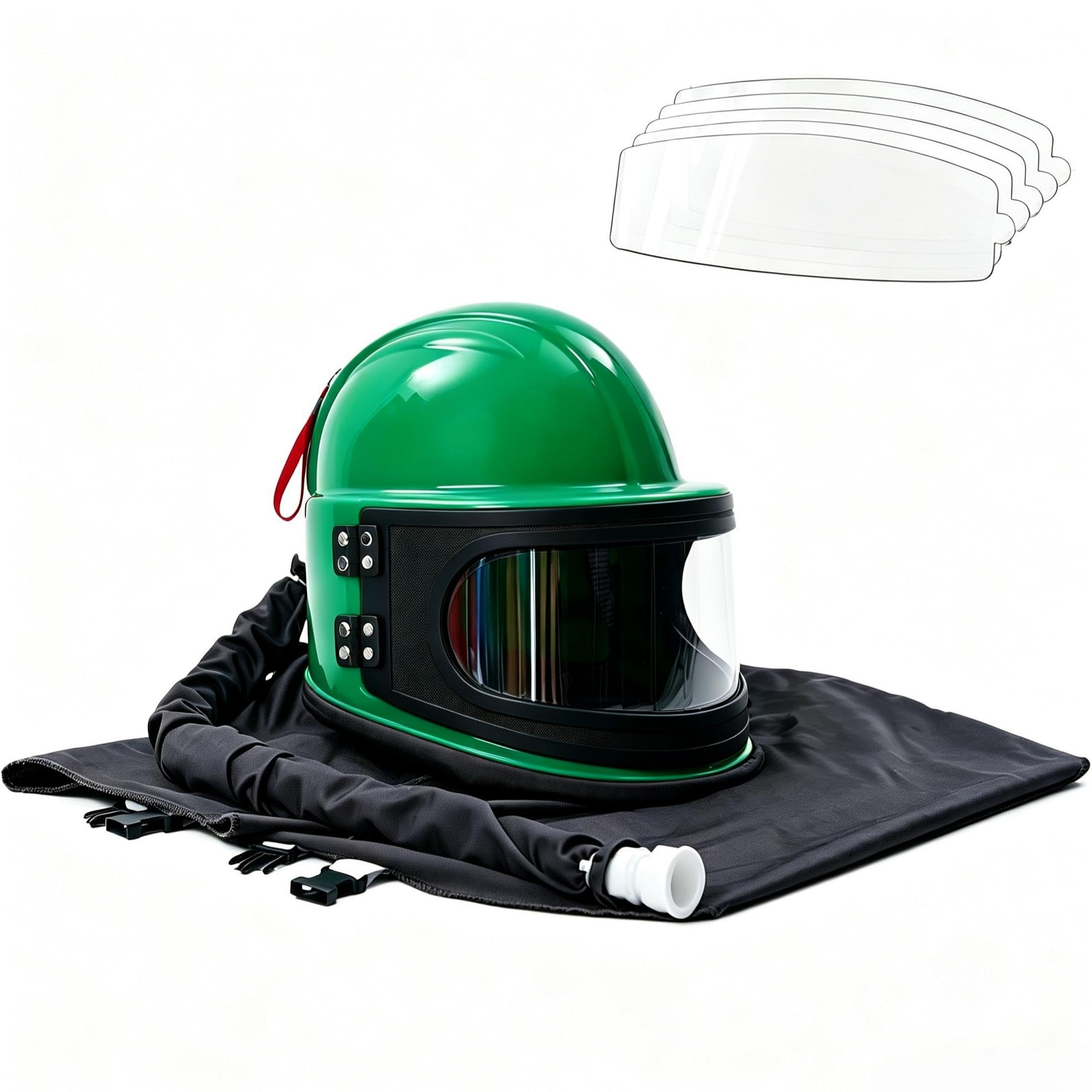 Capucha profesional verde con 5 lentes reemplazables, casco de chorro de arena a prueba de polvo, se adapta a trajes de protección. Ideal para chorro de arena, pulverización, molienda, corte
