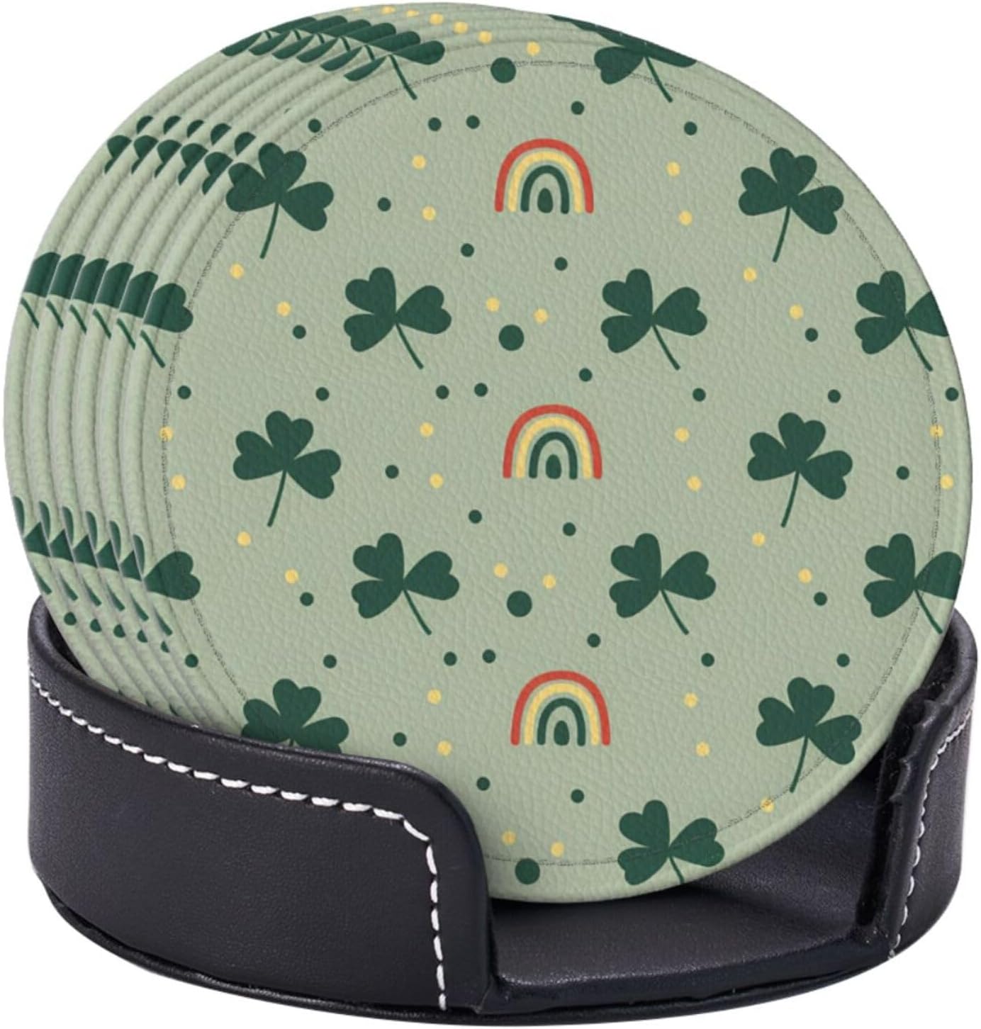Coasters for Drinks Set of 6 St. Patrick's Day Green Shamrocks Rainbows Dots Round PU Leather Cup Mats with Holder, Irish Theme Party Decorations for Home Bar & Housewarming