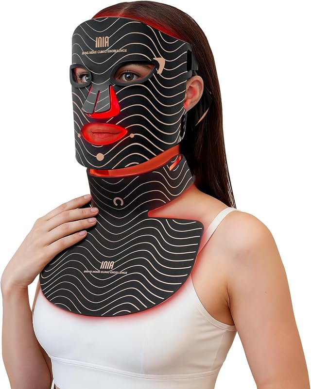INIA GLOW LED Face & Neck Chest Mask, 850nm NIR, Red Yellow Blue LED Light | Face & Neck Chest full coverage, Rechargeable, 10-30min Timer, Auto Shut-off, Home Skincare Routine
