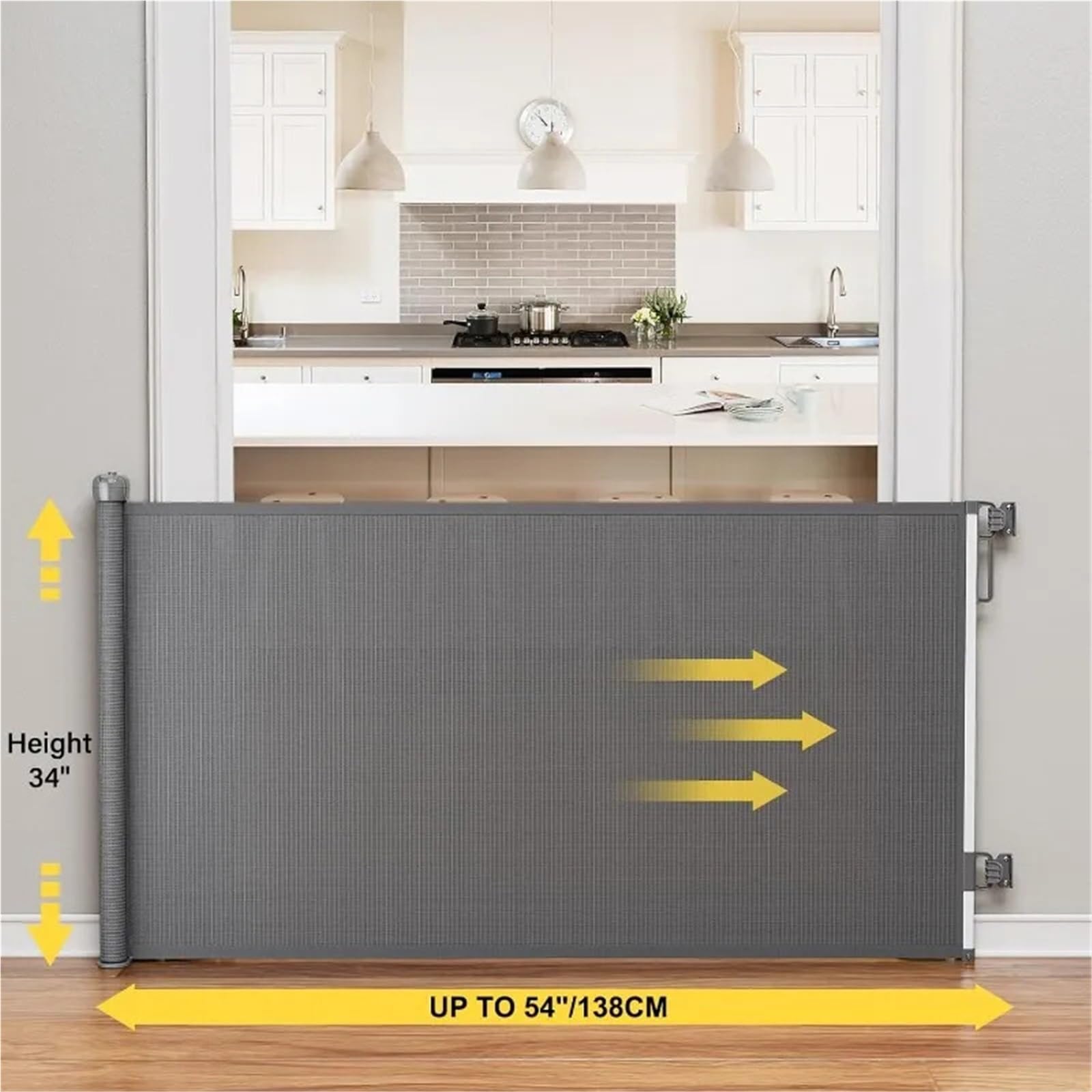Puerta retráctil para perros para escaleras y puertas, ampliable hasta 54 pulgadas de ancho y 34 pulgadas de alto, malla segura para mascotas y niños pequeños (gris)