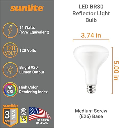 Miniatura 2 de Sunlite Bombilla LED BR30 reflectora, 11 vatios (65 W ), 120 V, 920 lúmenes, 90 CRI, base E26 media, regulable, inundación ancha, certificación UL,