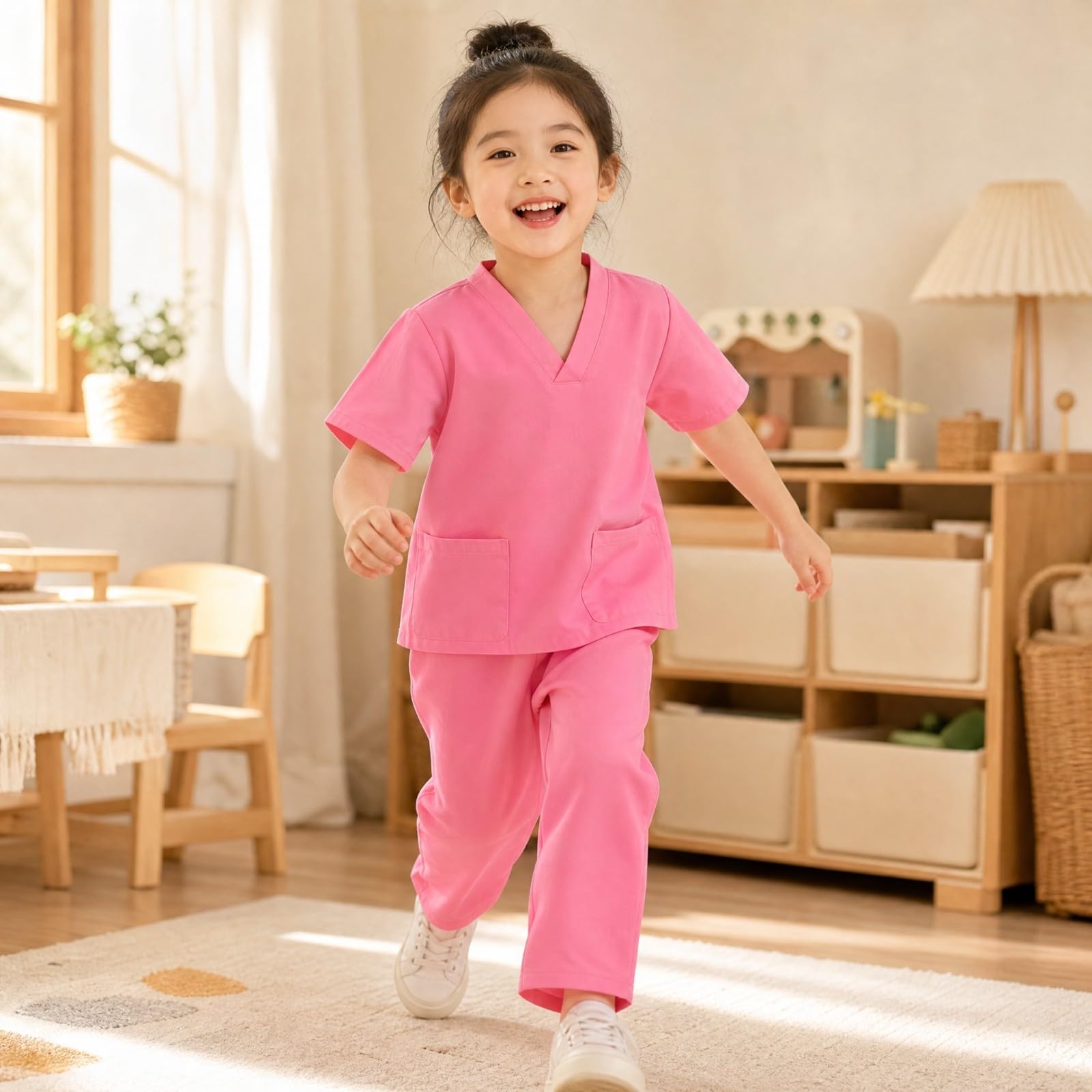 Kinder-Arztkostüm aus Polyester weich verarbeitet OP-Kostüm mit Hose und Kappe bequem Kinderarzt-Outfit-Set für Rollenspiel, Schultheater, Fasching, Rosa, 110CM