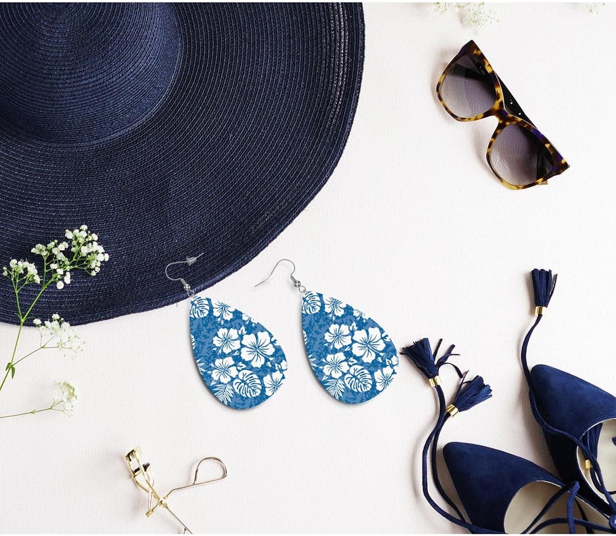 Zokola Hawaii Hibiscus Earrings, Tropical Hibiscus Floral Blue Camouflage Leather Earrings For Women Friends, Teardrop Double-Sided Dangle Lightweight Leaf Earrings - Image 4