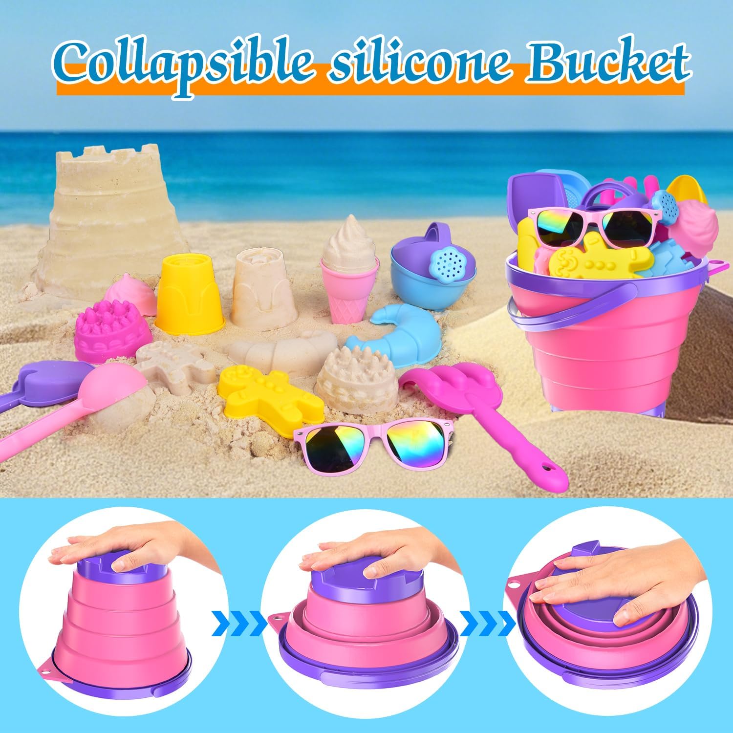 31PCS Beach Toys Set for Girls Kids, Collapsible Sand Bucket and Shovels Set with Watering Can, Ice Cream Cake Sand Molds,Mesh Bag, Outdoor Play Travel Beach Toys for Kids Toddler Boys Girls