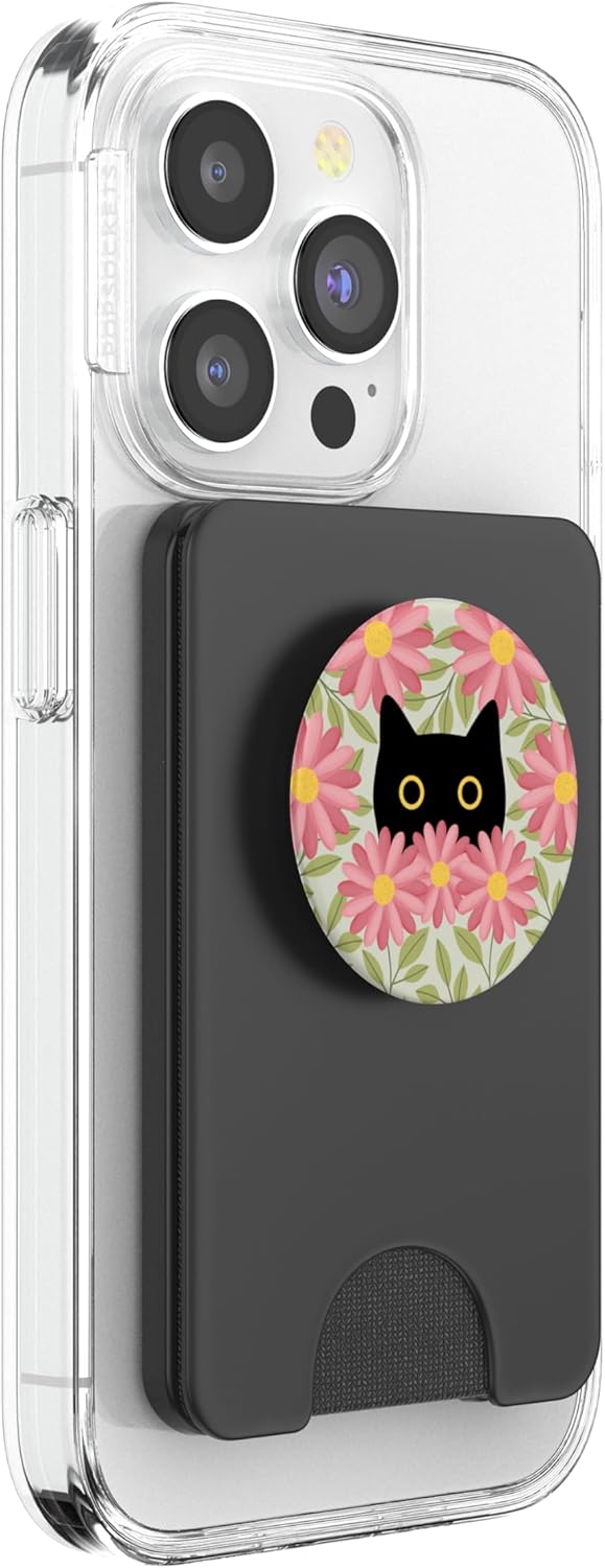 Pink Cute Daisy Flower Floral Black Cat Sage Green PopSockets PopWallet for MagSafe
