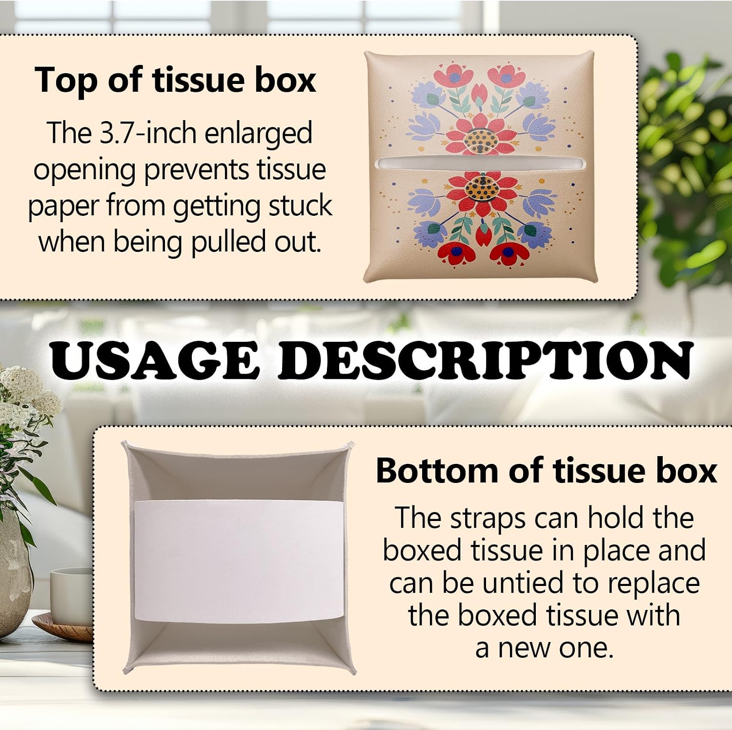 Boho Tissue Box Cover Holder Square, Floral Scandinavian Leather Tissue Box Cover, Paper Facial Decorative Tissues Cover for Night Stands, Bathroom, Kitchen, Office, Home Decor