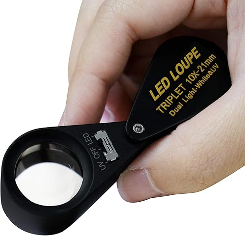 Miniatura 5 de 10 lupas para joyería, lupa LED UV de 0.827 in, lente de triplete, cristal óptico, herramienta de aumento de gemas de bolsillo, joyero, sello