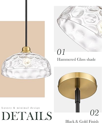 Miniatura 2 de YKLITG Moderna lámpara colgante de 12 pulgadas con cristal martillado, luces de isla negras y doradas para cocina, isla, bar, comedor, mesita de