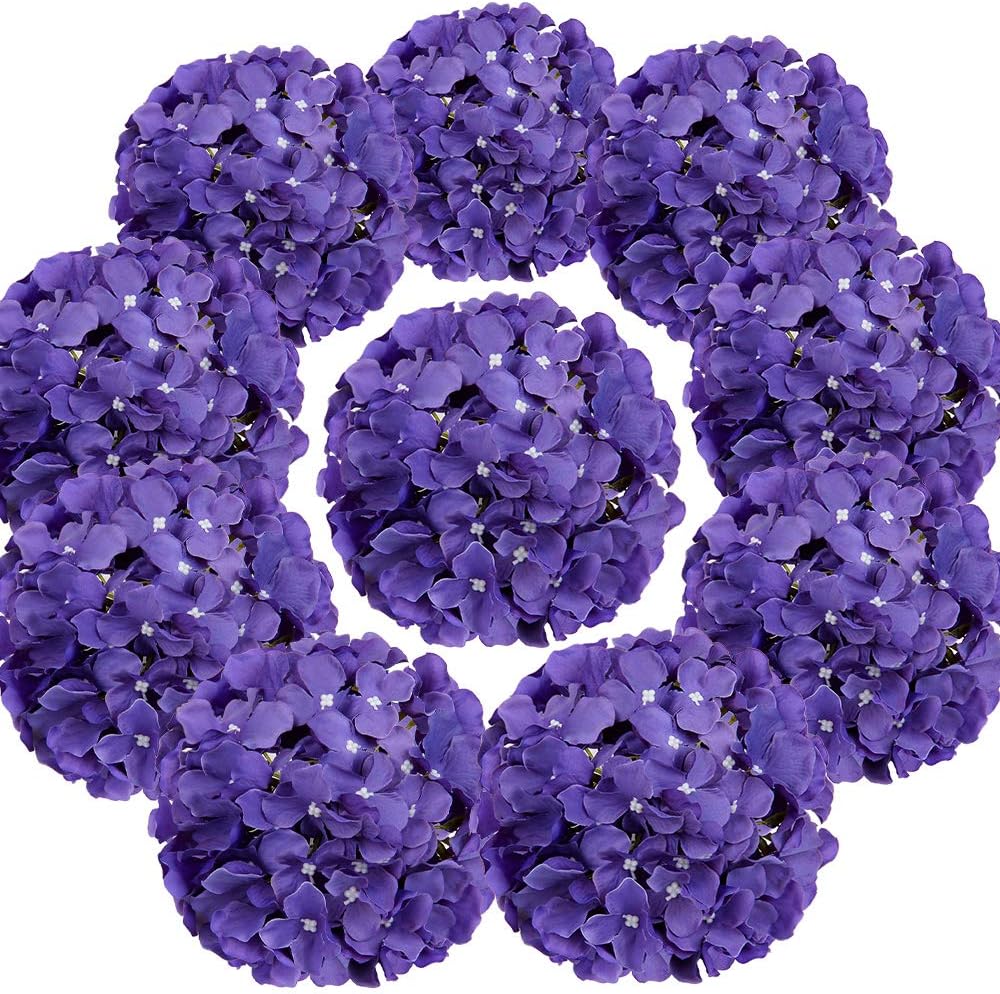 Flojery Silk Hydrangea Heads Artificial Flowers Heads with Stems for Home Wedding Decor,Pack of 10 (Purple)