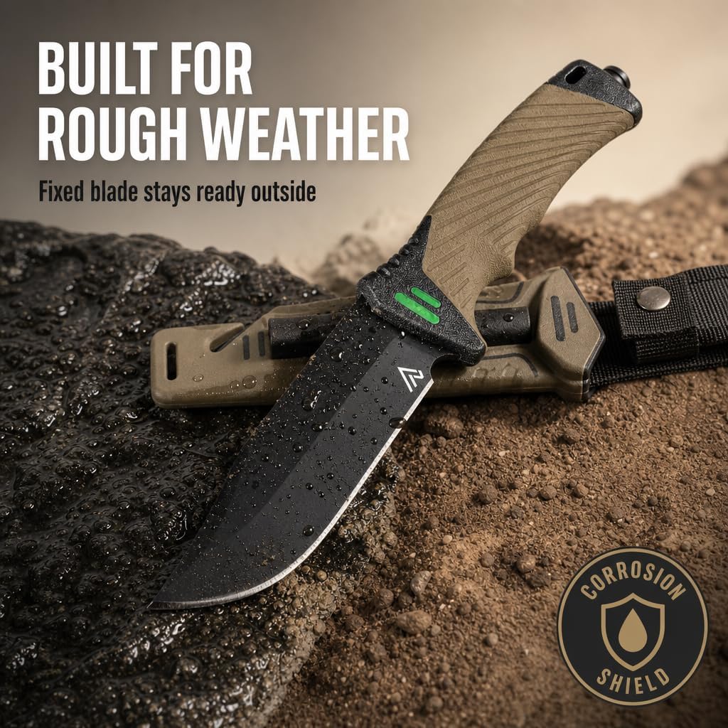 Naifu Bushcraft 6-in-1 Survival Knife — Full Tang Fixed Blade Hunting Knife with Sheath, Drop Point Blade, Built-in Sharpening Stone, Ferro Rod Fire Starter, Whistle, Glass Breaker & Paracord — Camping, Bushcraft, EDC Gear