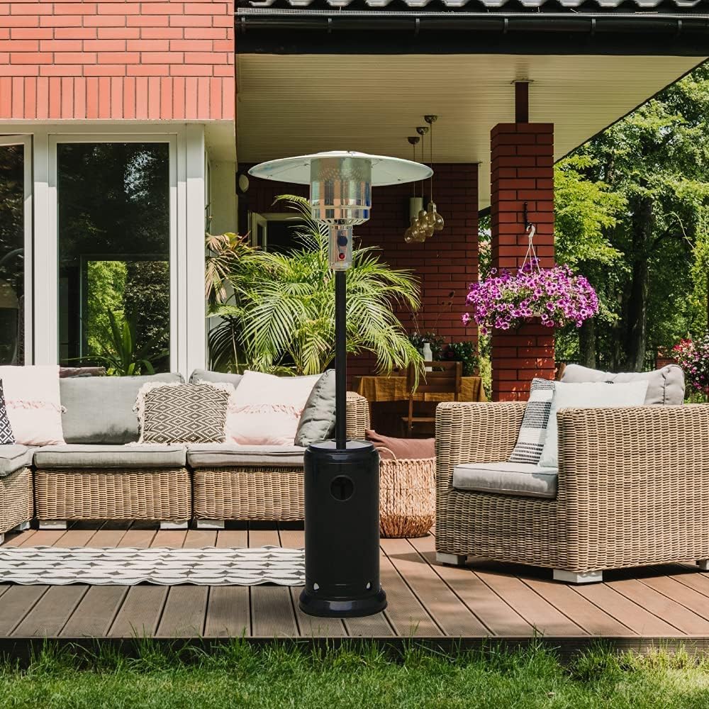 Suinga Calefactor exterior, Estufa de gas de acero para exteriores de 13 kW con ruedas, Sistema anti-vuelco, Parasol calefactor, negro