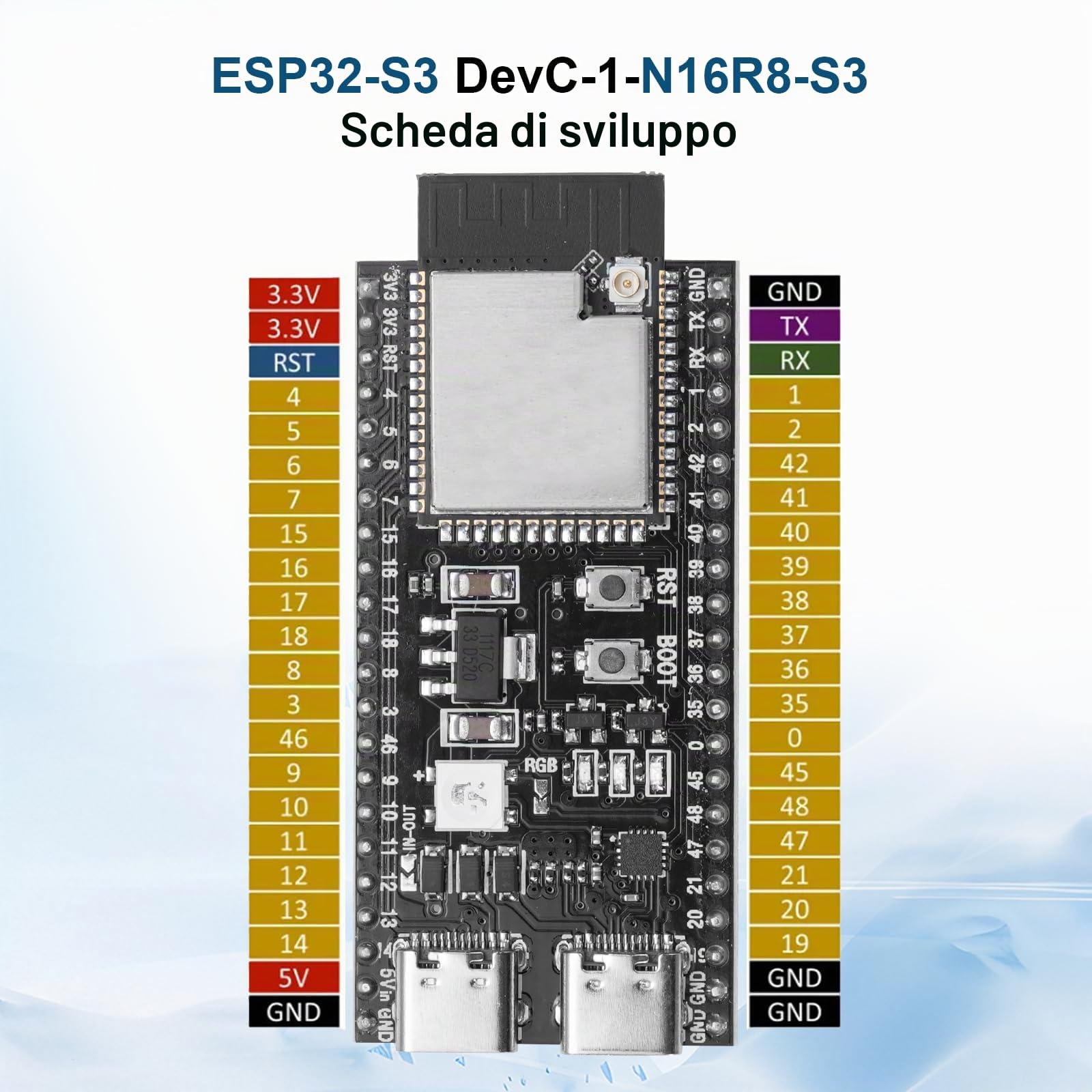 ESP32-S3 DevC-1-N16R8-S3 Scheda di sviluppo con connettore IPEX (Plus 1 antenna) AYWHP Wi-Fi + modulo BLE MCU ESP32-S3 completamente integrato compatibile con Arduino (2 pezzi)
