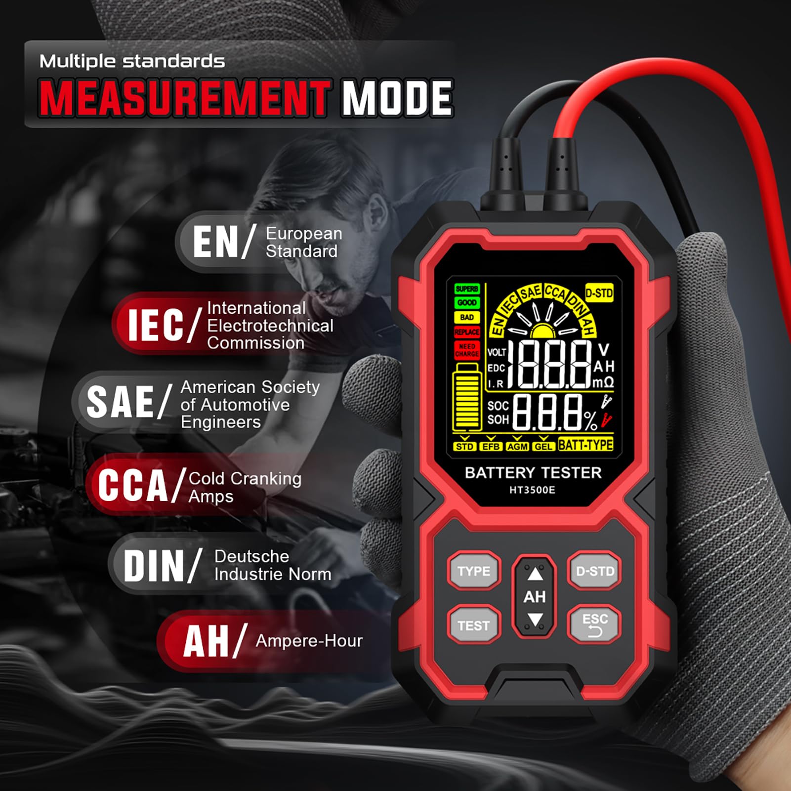Fafeicy Tester Akumulatora Samochodowego 12 V 24 V Tester Obciążenia Samochodowego z Kolorowym Ekranem CCA SOC Kontrola Rezystancji Napięcia dla Pojazdu Ciężarowego RV Łódź Kosiar (HT3500E Wersja