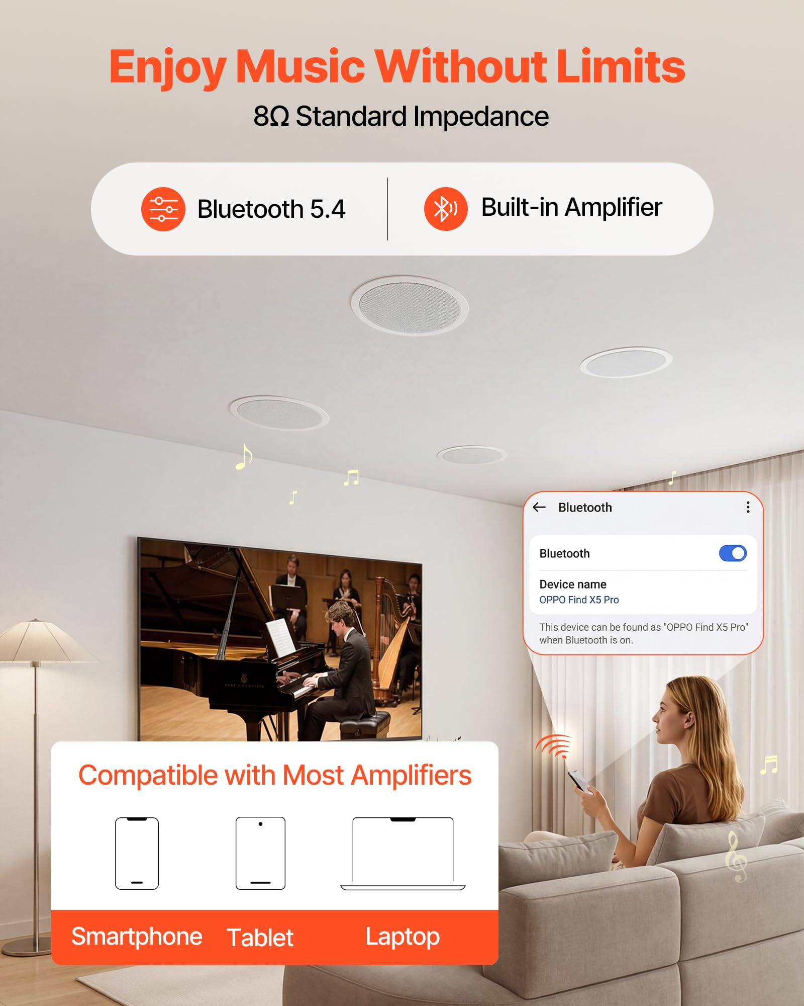 VEVOR Altavoces de Techo 165,1 mm 4 Piezas, Sistema de Altavoces para Techo con Amplificador y Bluetooth, Montaje Empotrado con Cable, para Sala de Estar, Cine en Casa, Comedor, Balcón Cubierto