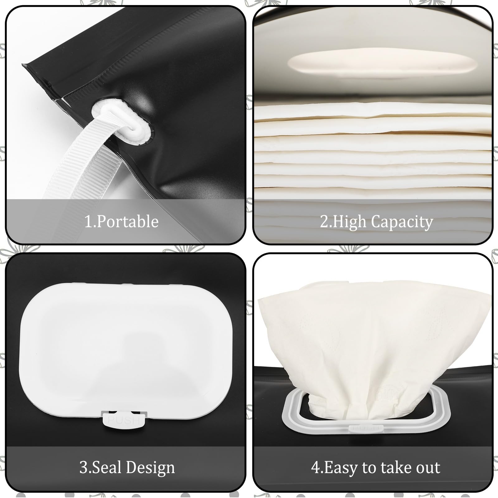 FEBSNOW Paquete de 2 dispensadores de toallitas para bebé, color negro, portátil, recargable, bolsa de toallitas húmedas para bebé, contenedor reutilizable de viaje