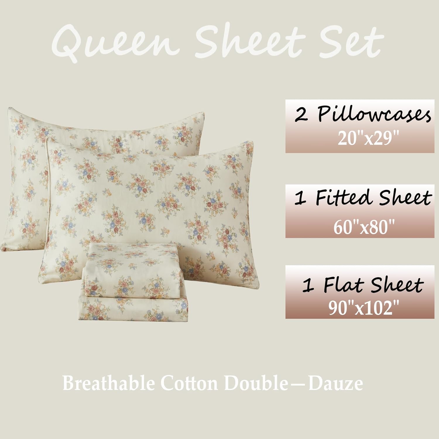 FADFAY Breathable Double Gauze Cotton Bedding Set Queen – 100% Cotton Muslin Cooling Bed Sheets, Soft Cream Lightweight Summer Bedding with Pillowcases