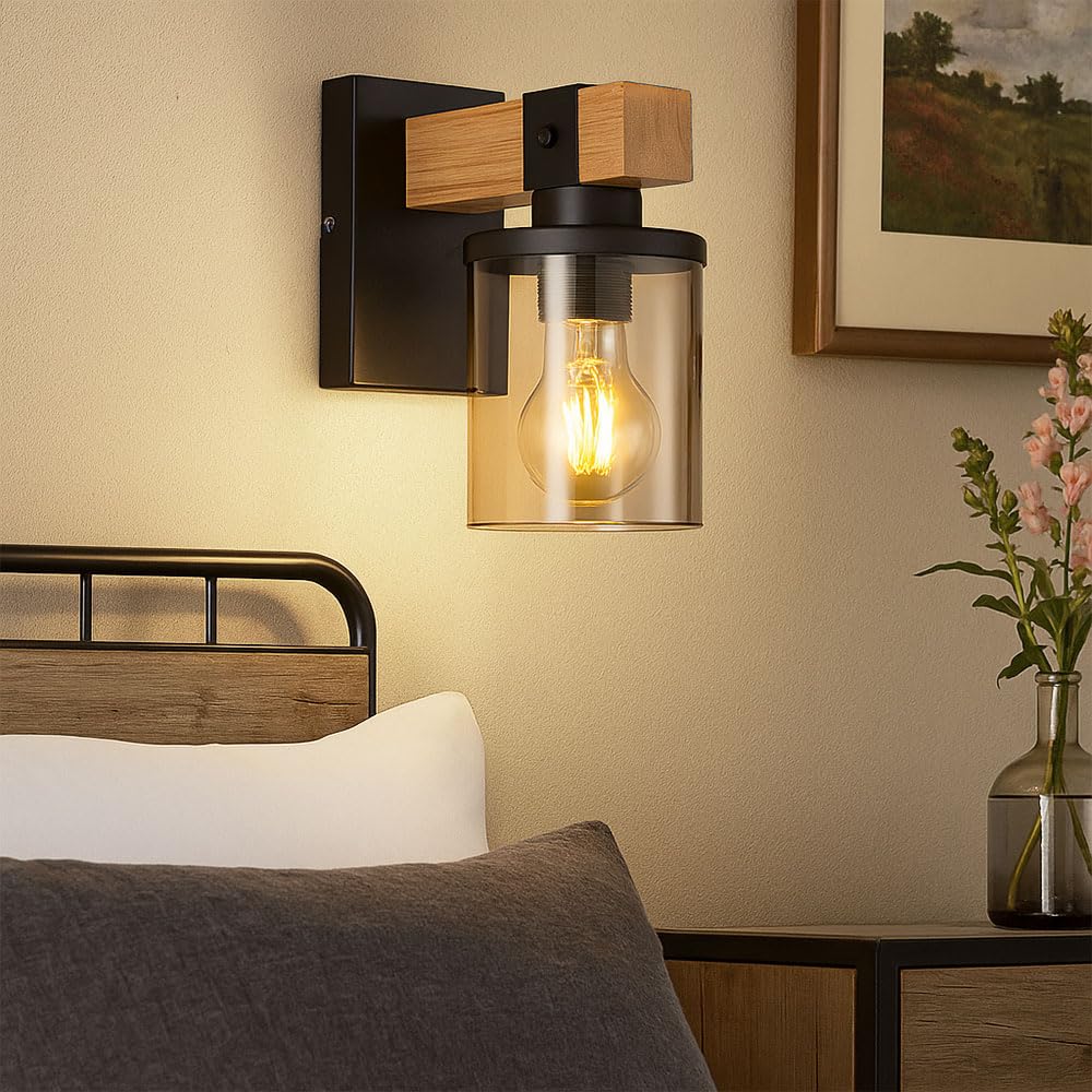 GLOBO Wandleuchte Retro Wandlampe Treppenhausleuchte Flurlampe Holz Wohnzimmerlampe, 1x E27, BxH 10x22,5 cm