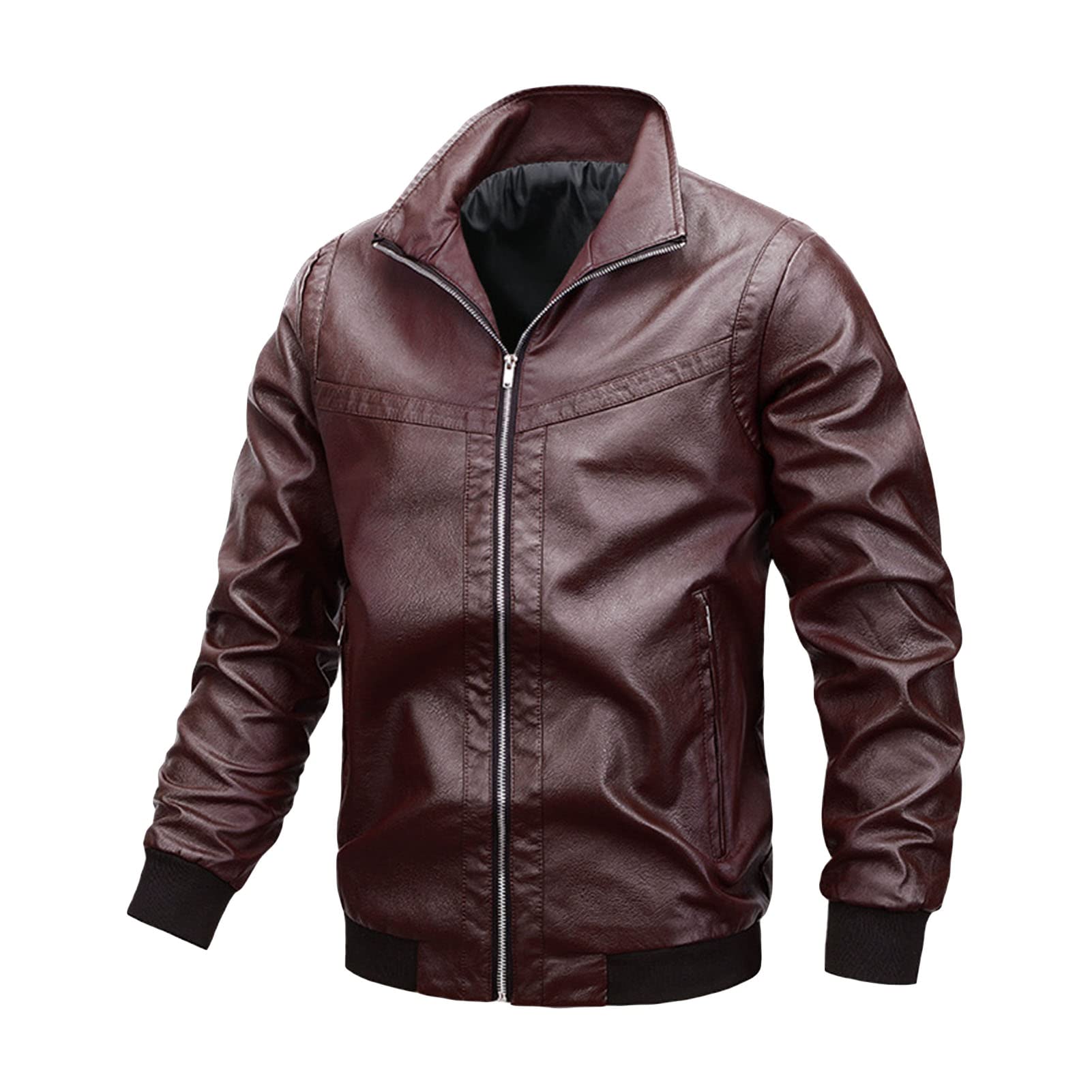 Maiyifu-GJ Men's Faux Leather Motorcycle Jacket Vintage Stand Collar Moto Jacket PU Lightweight Slim Fit Zip Up Biker Coat (Red Wine,5X-Large)