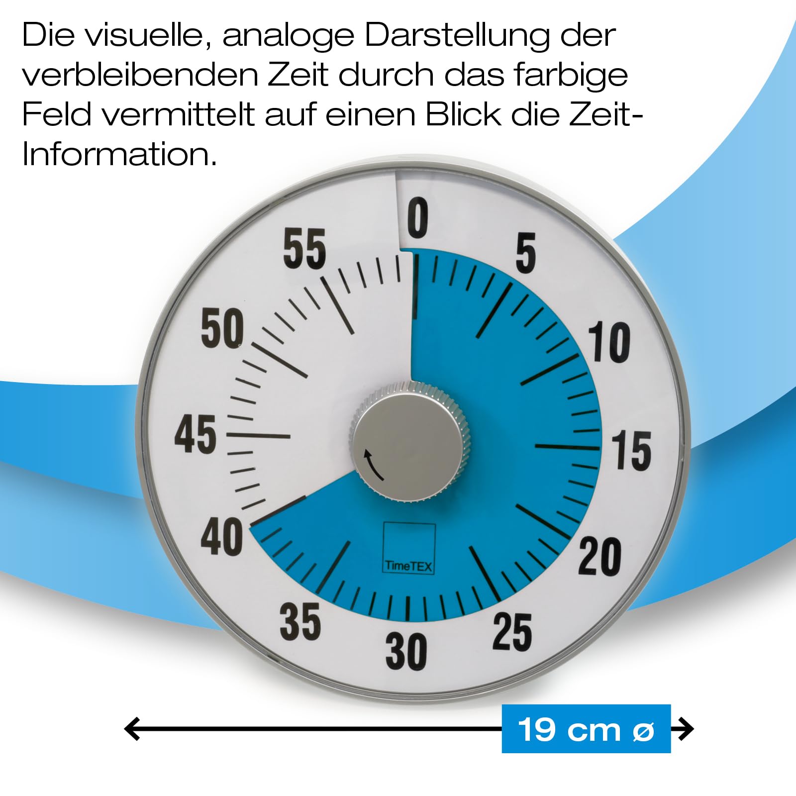 TimeTEX - Zeitdauer-Uhr L Blau| Lautloser 60 Minuten Countdown mit visuellem und akustischen Signal für Selbständigkeit | Inhalt: Batteriebetriebener Timer in Blau (Größe: ca. 19 cm ø)