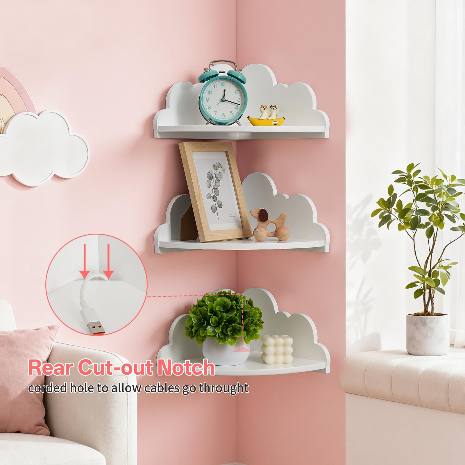 Gieanoo Wolke Corner Regale Set von 3, weiße Wandregale für Kinderzimmer, Schlafzimmer, Wohnzimmer Cloud schwebende Regale für Spielzeug, Pflanzen, Bücher & Lagerung