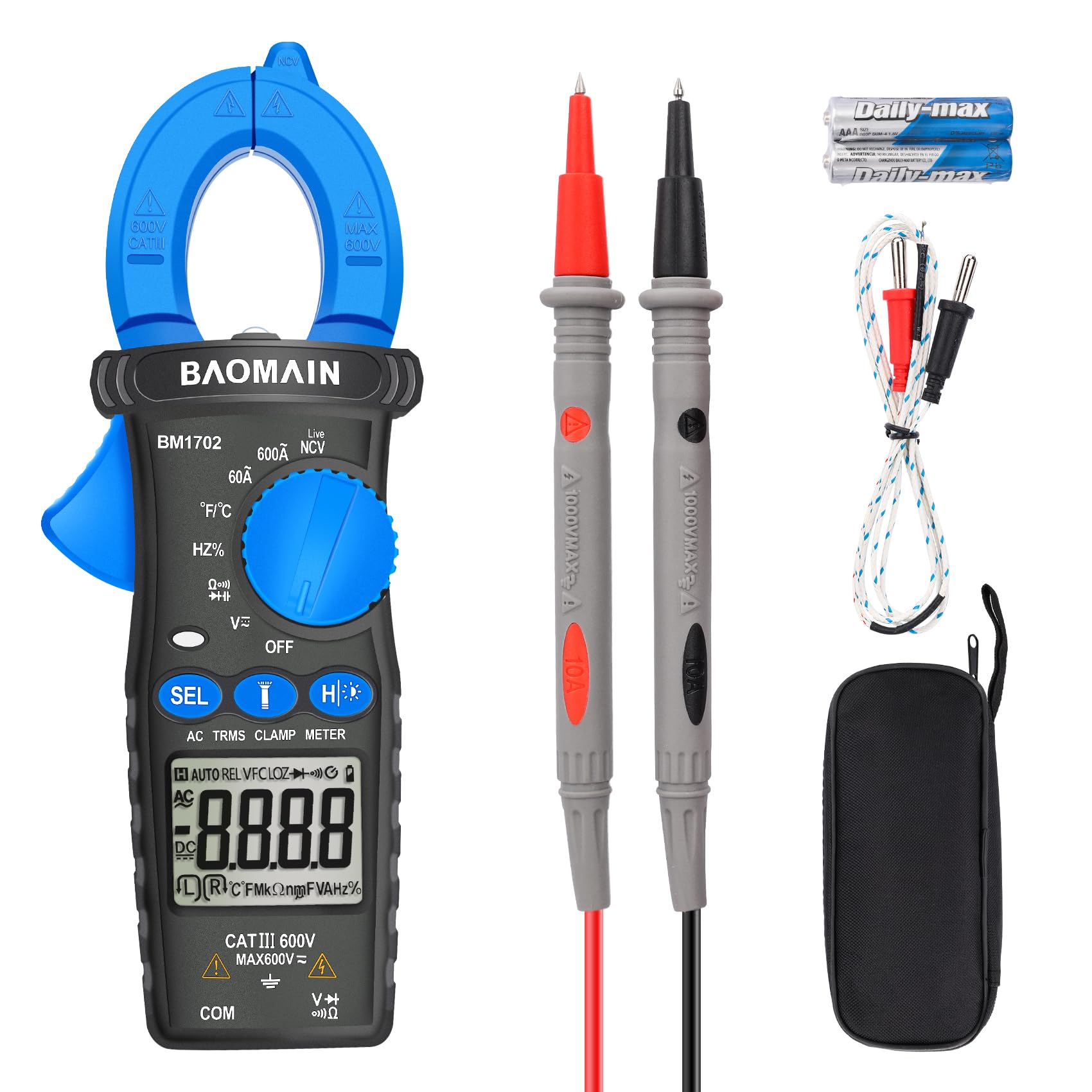 BAOMAIN BM1702 Digital Clamp Meter, T-RMS 6000 Counts AC Current Multimeter, 60A/600A AC Ammeter with AC/DC Voltage