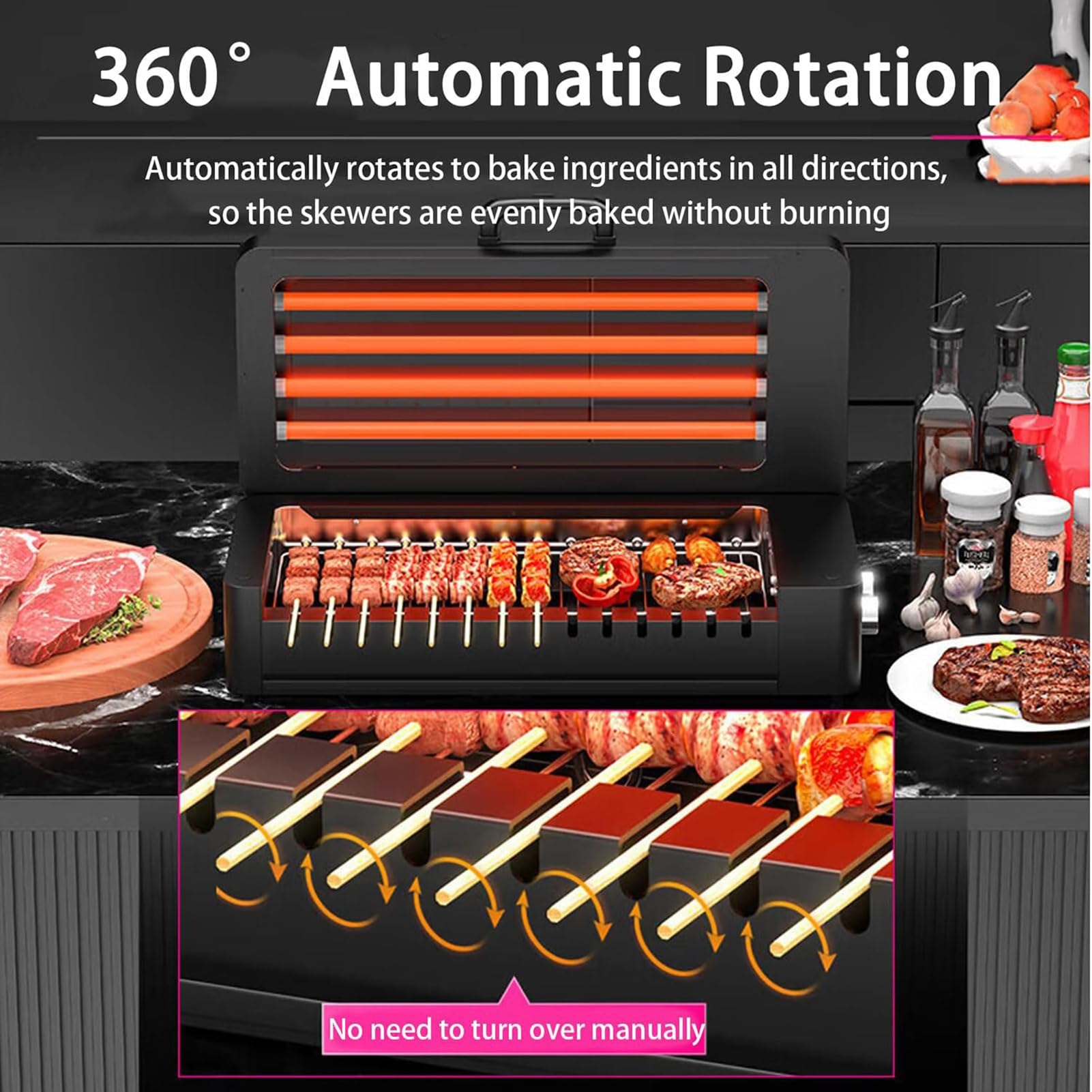 Elektryczny grill do kebaba, automatyczne obracające się szpikulce, domowy automatyczny grill elektryczny bezdymny, rolki ze stali nierdzewnej, obrót o 360°, łatwe czyszczenie na imprezy
