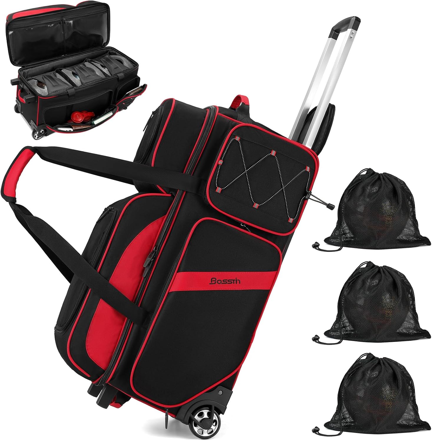 BOSSTIN 3-4 Ball Bowling Bags with Wheels, Secure Hook & Loop Fixed Ball Cup & Shoe Compartment (Fits Up to Size 16), Roller with Multi-Pockets