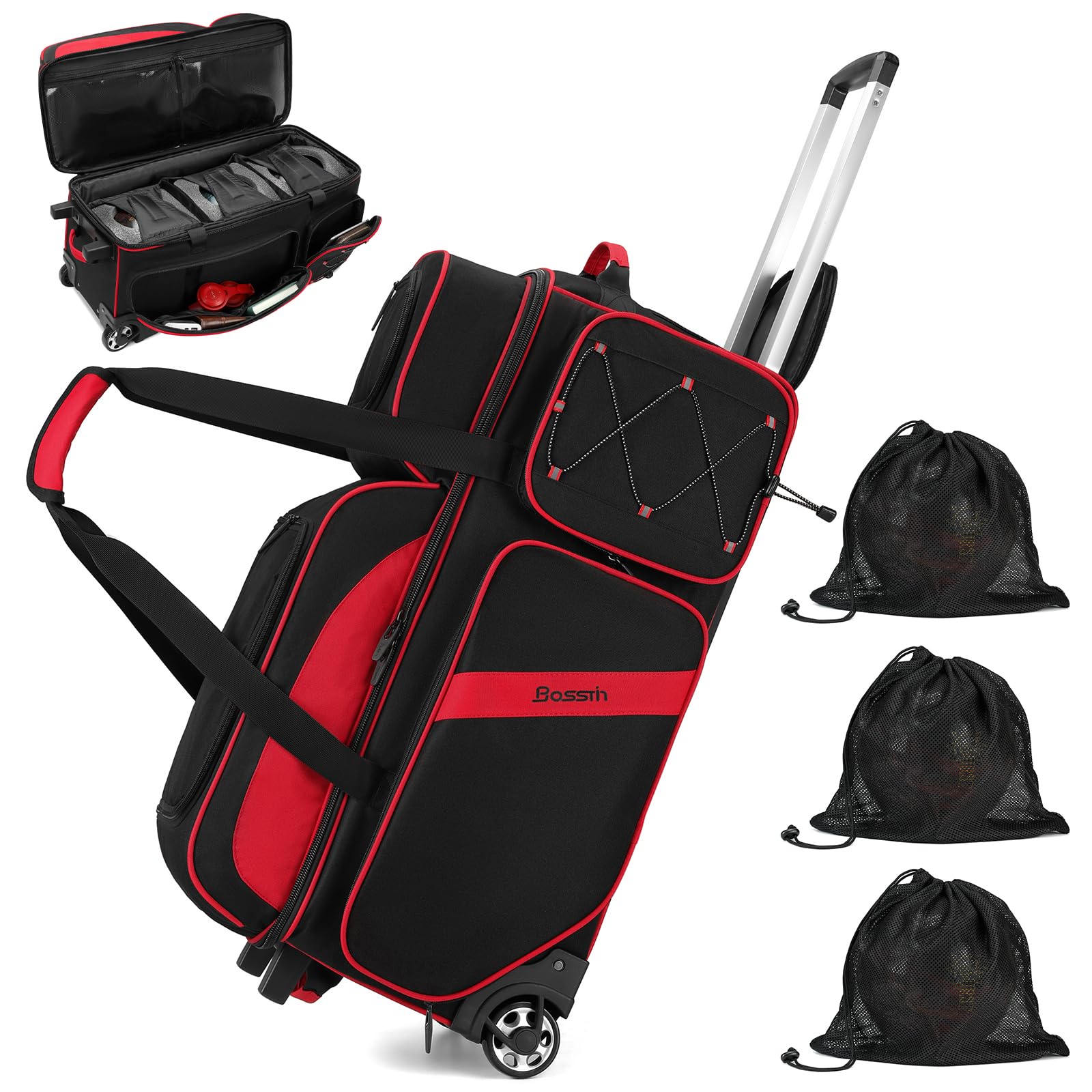BOSSTIN 3 Ball Bowling Bags with Wheels, Secure Velcro Fixed Ball Cup & Shoe Compartment (Fits Up to Size 16), Roller with Multi-Pockets (Red)