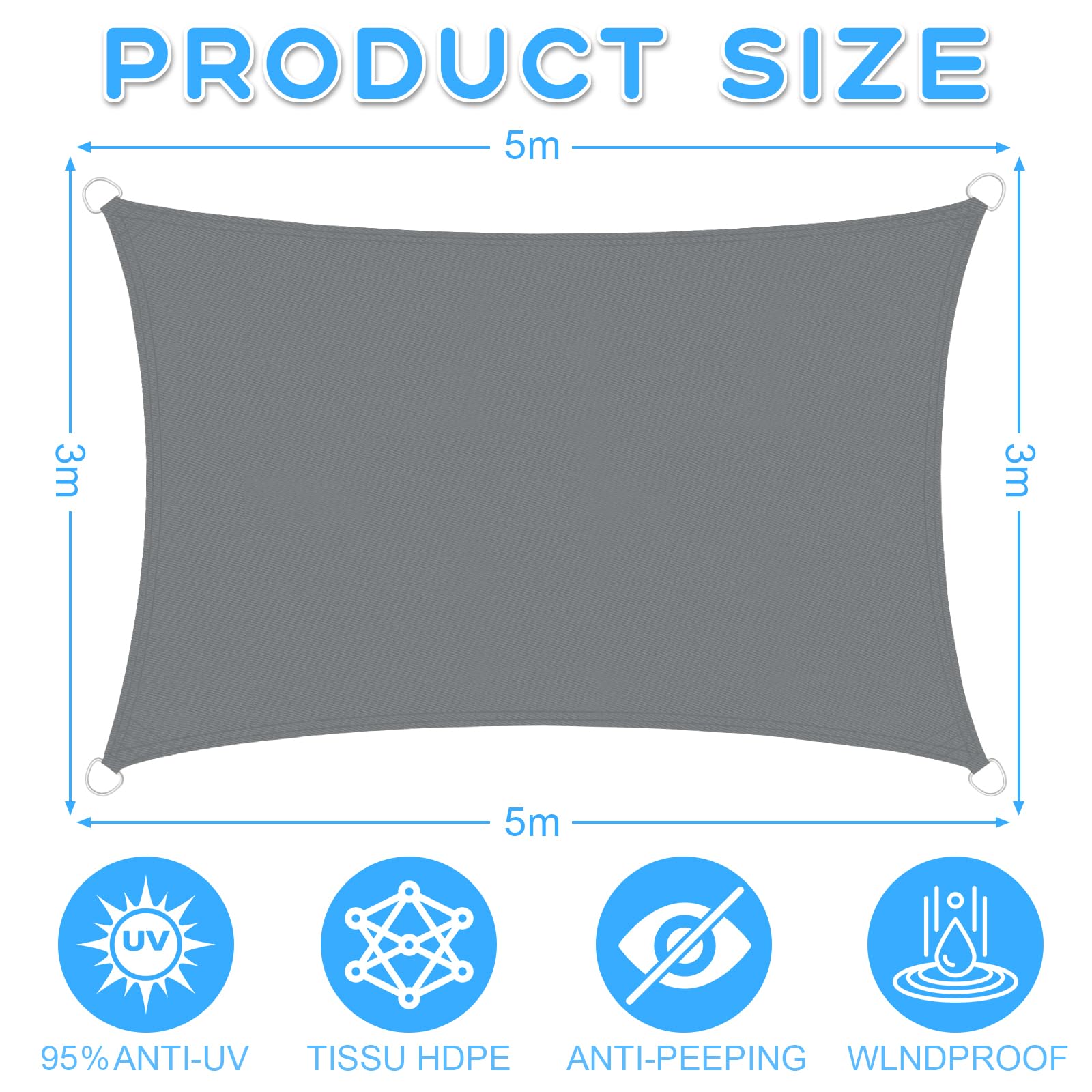 Voile D'ombrage Rectangulaire 3x5 M - Imperméable, 95% UV, Gris - Pour Terrasse, Jardin, Balcon - Avec Cordes Et Anneaux